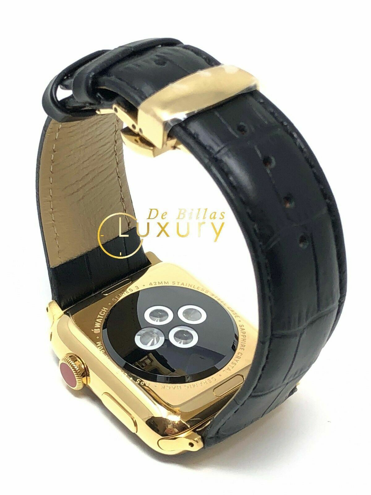 24K Gold Plated 42MM Apple Watch SERIES 3 With Black Leather Band CUSTOM