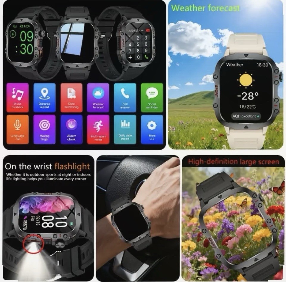 Touchscreen Bluetooth Call Smart Watch + Flashlight, Black Silicone Band