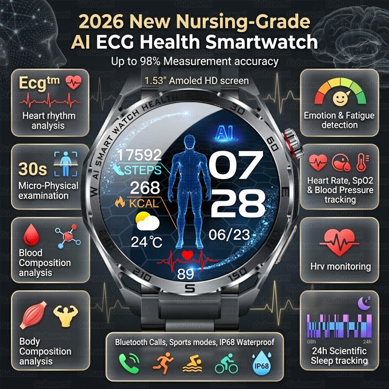 2026 AI ECG Smart Watch AMOLED Bluetooth Call Heart Rate IP68 Android iOS