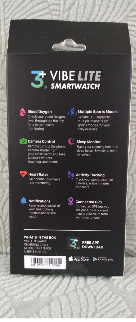 Sealed 3+ Vibe Lite Smartwatch Fitness Trackers Blood Oxygen Heart Rate Black