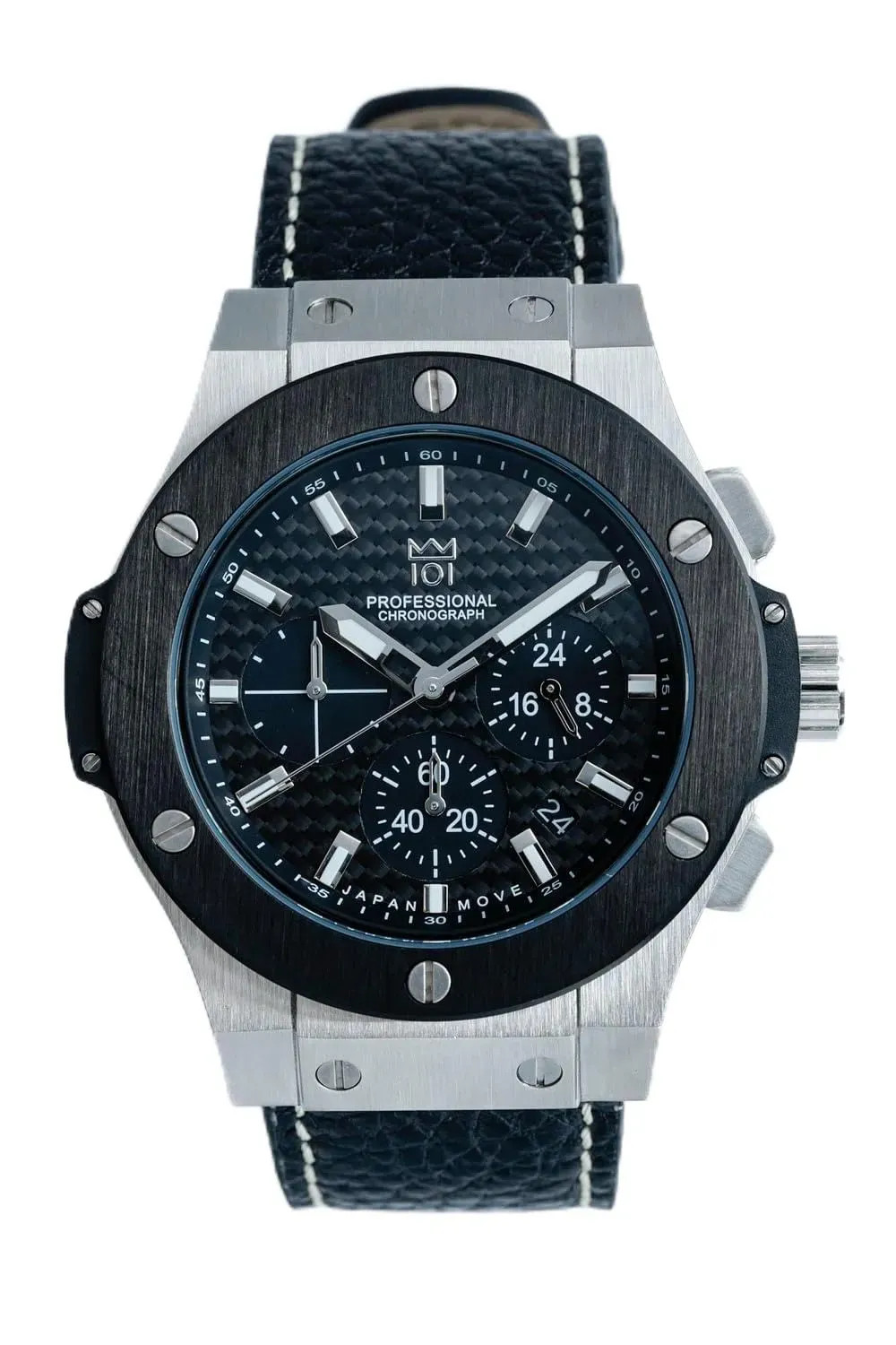 NEW HYAKUICHI 101 No.8L Chronograph Silver Black Carbon Black Leather Belt