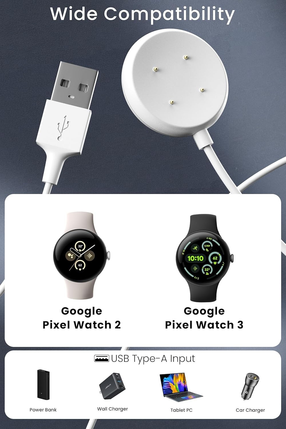 Charger for Google Pixel Watch 2/3 Smartwatch 3.3Ft USB Replacement Cable Cord
