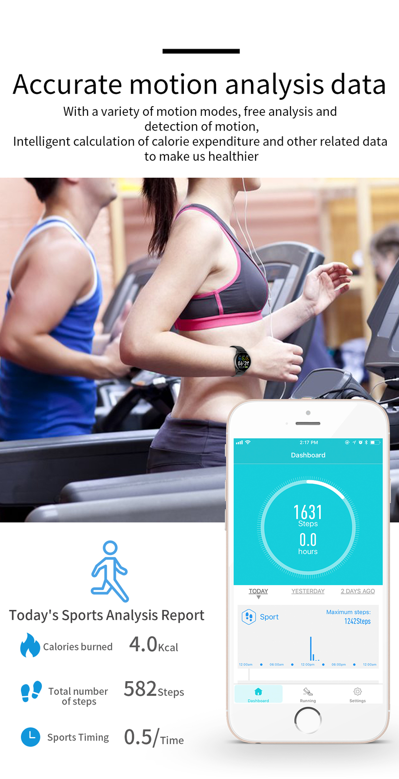 Bluetooth Smart Watch Sport Wristband Sleeping Quality Monitor Water-Resistance
