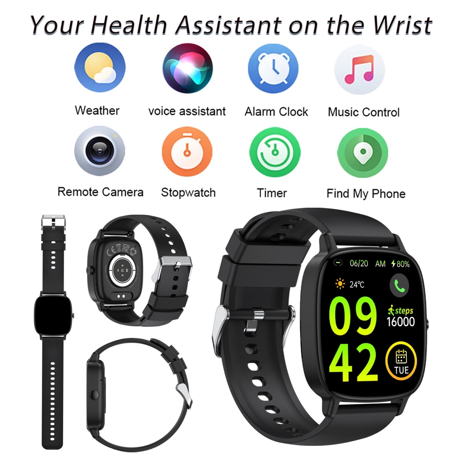 Mens Womens Black Smart Watch Android and iPhone, 1.85-inch Fitness Tracker NWT