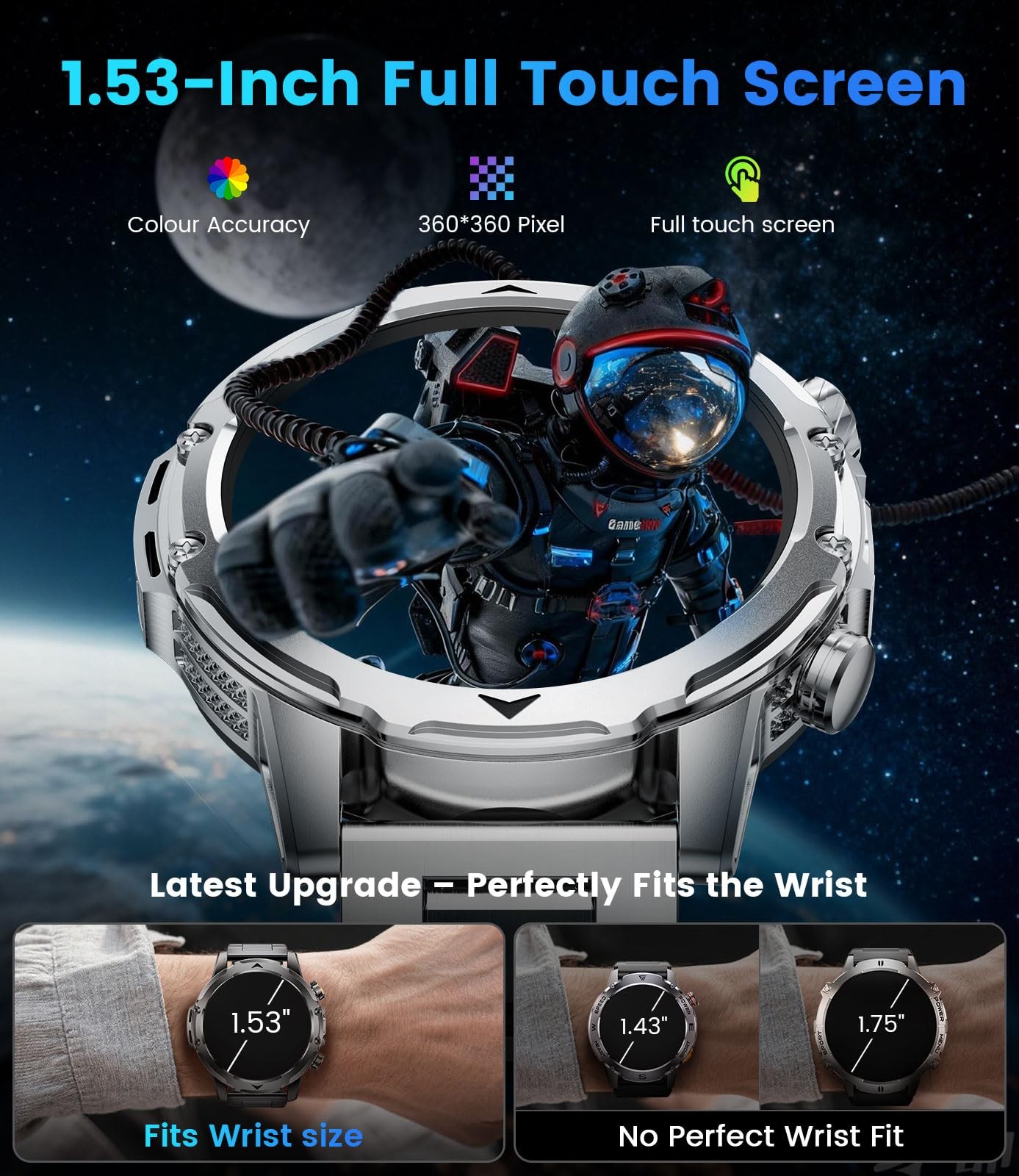 LIGEMI EF23-H 1.53” Smart Watch Silver 1000mAh Battery Flashlight Military