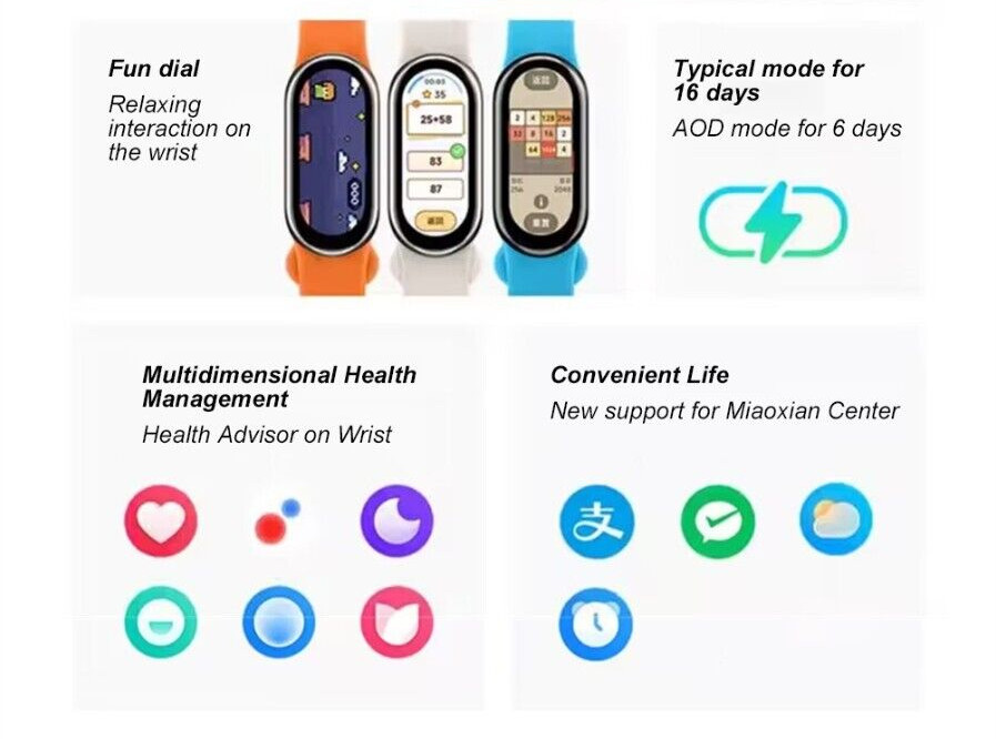 Xiaomi Smart Band 8 Heart Rate Blood Pressure Fitness Tracker Watch Bracelet APP