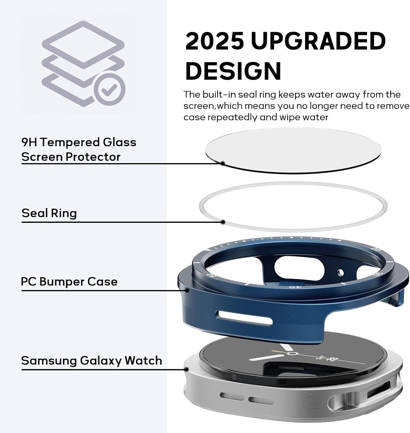 2-Pack Black Waterproof Bumper Case with Screen Protector for Galaxy Watch 8 44m