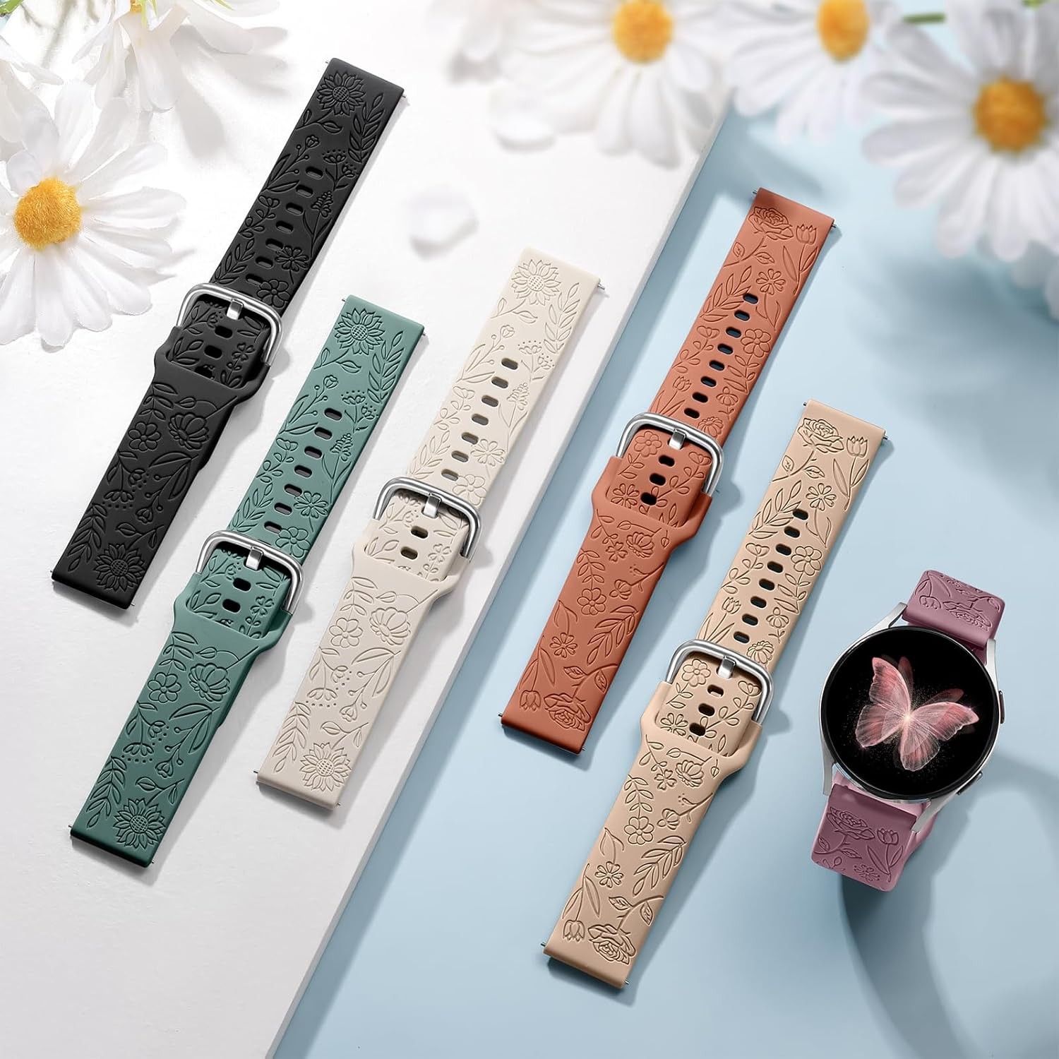 6 Pack Floral Engraved Silicone Strap Compatible with Samsung Galaxy Watch 40mm