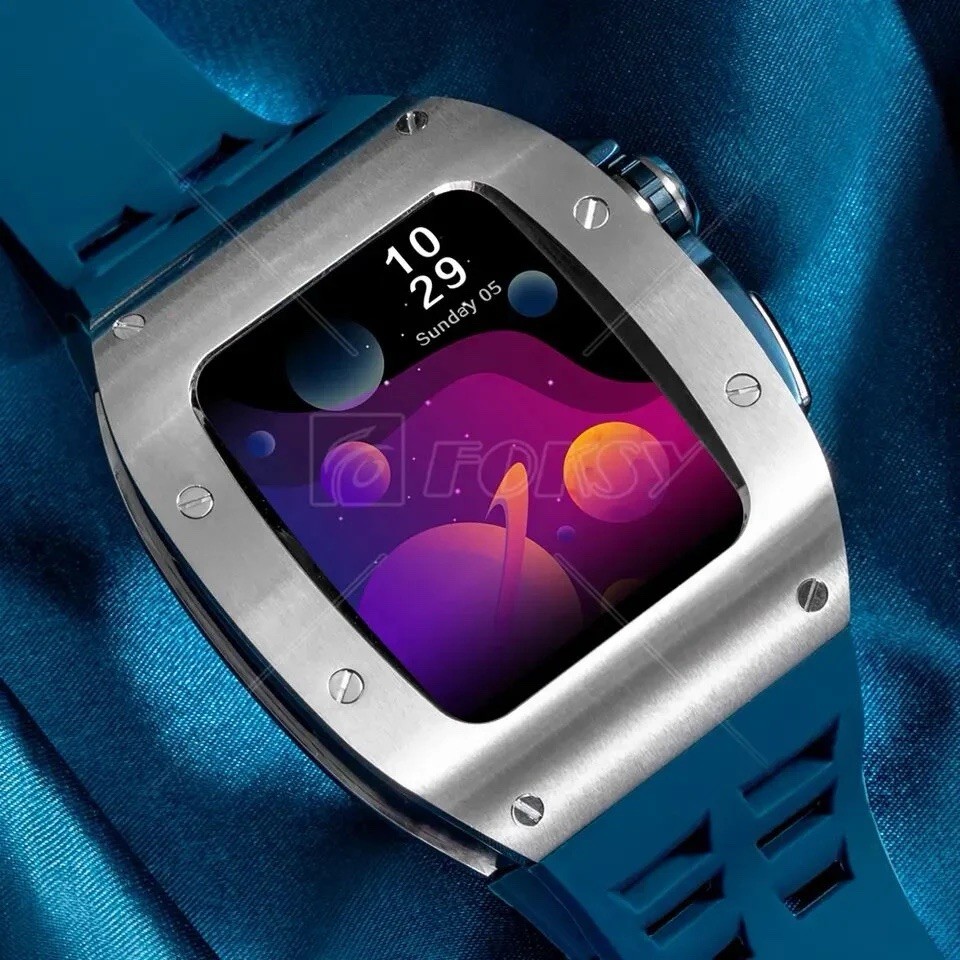 Blue Silicone Band Smart Watch Silver Metal Case Touch Screen