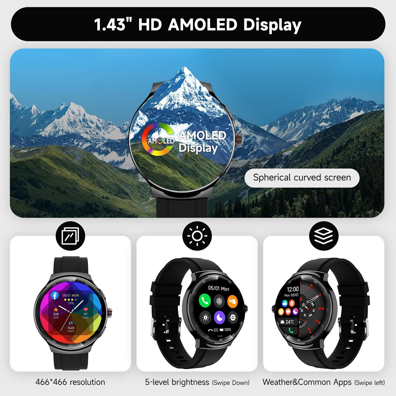 Smart Watches for Men Women, Waterproof Fitness Tracker, 1.43” AMOLED Touchs…