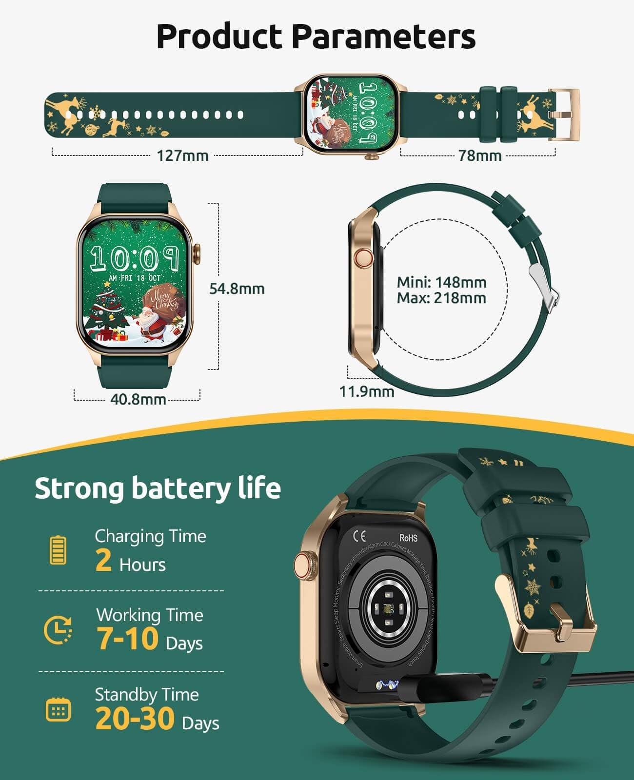 SOUYIE T98 Smartwatch 2.04″ HD Screen Heart Rate Blood Oxygen Gold for Android