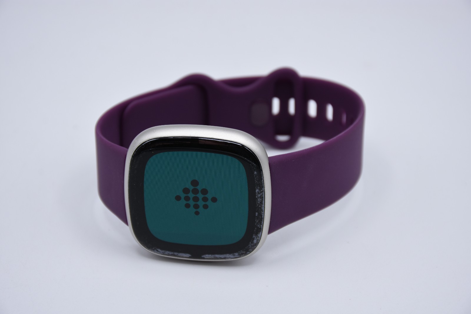 Fitbit Sense 2 Advanced Health Smartwatch Platinum Case Purple Band Scratched