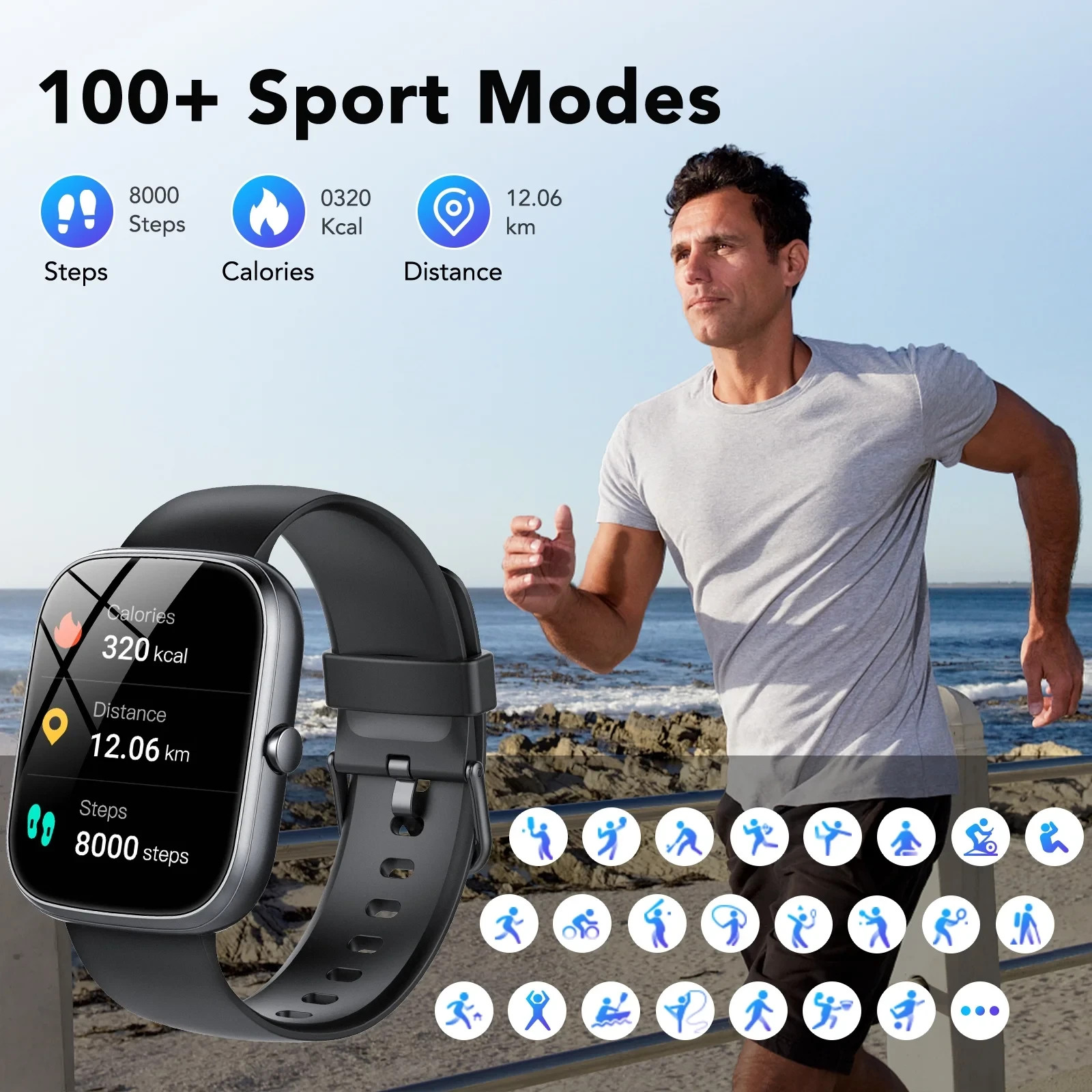Smart Watch Fits for Android and IPhone, IP68 Waterproof Smartwatch – Black