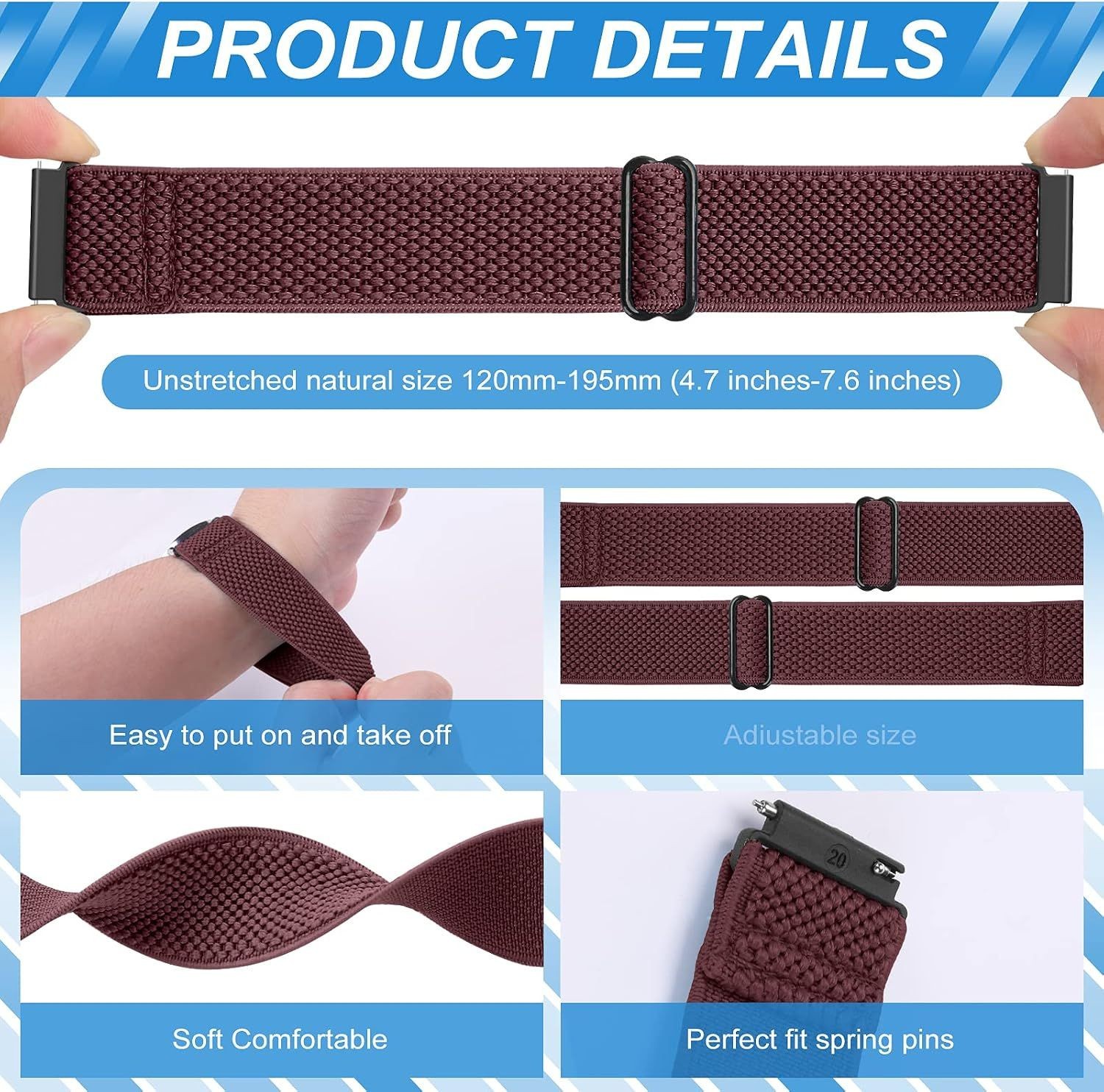 Adjustable Stretchy Nylon Strap Compatible with 20mm Watch Models