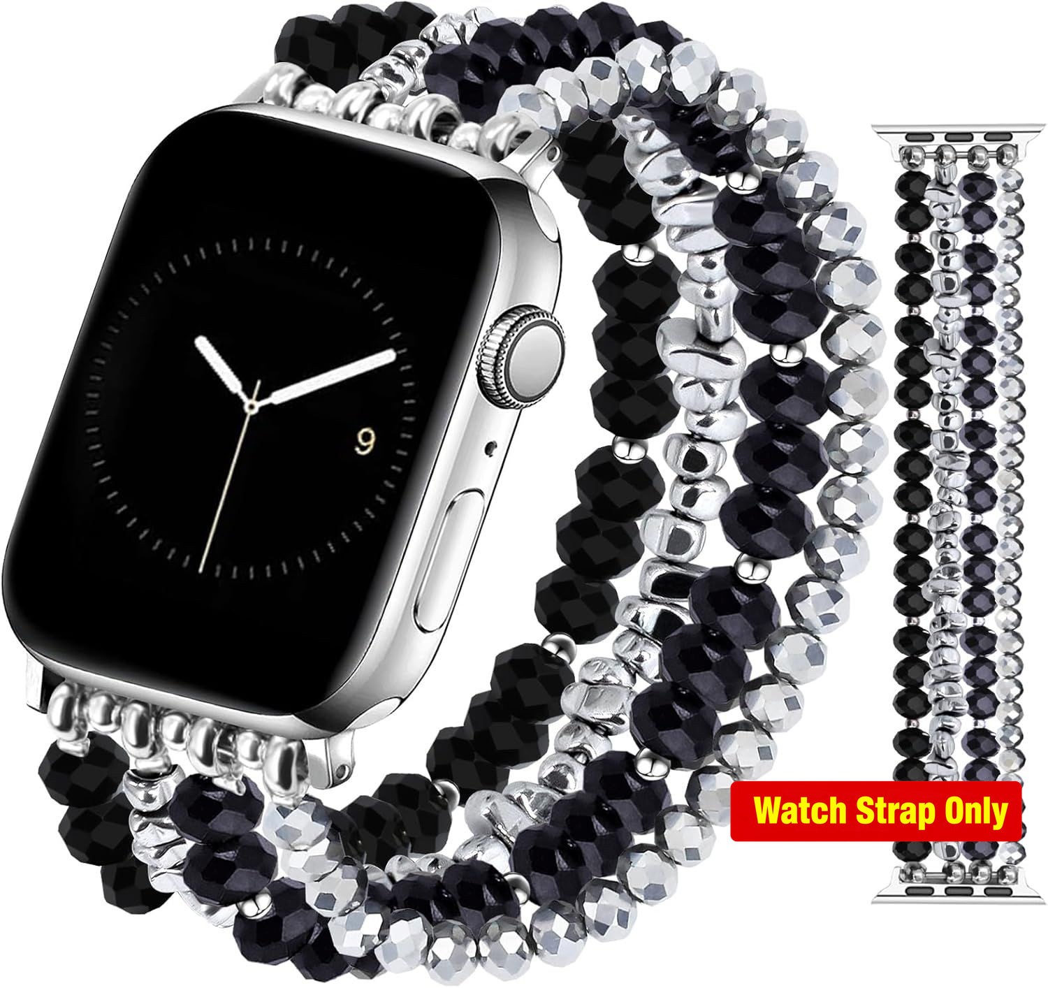 Handmade Beaded Bracelet Band for Apple Watch 38mm 40mm 41mm in Black Silver