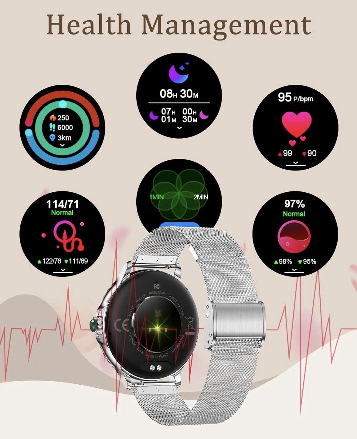 Women’s Smart Watch 1.3 Inch for Android and IOS Silver + 5 Bands New Sealed