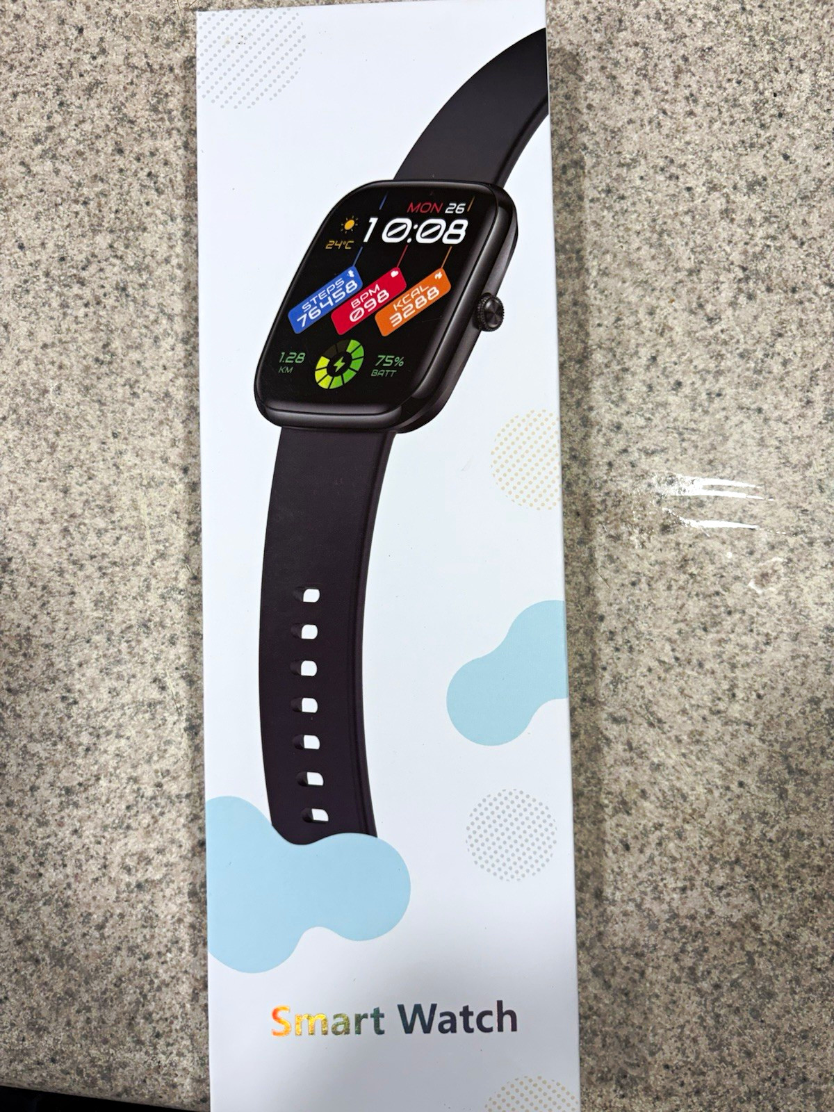 Smart Watch 44mm Bluetooth Fitness Tracker Heart Rate, Black Silicone Band