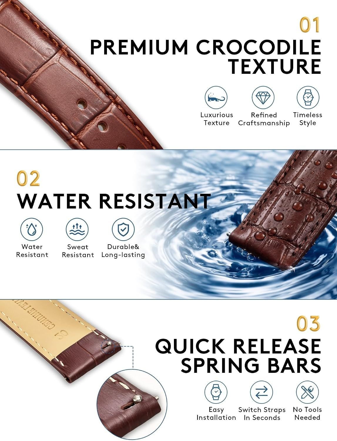 Strap Only For All Watches Alligator Grain Leather Quick Release Multiple Colors