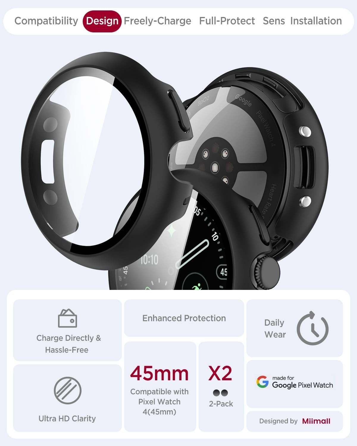2 Pack Cases with Screen Protector for Google Pixel Watch 4 45mm Anti-Scratch