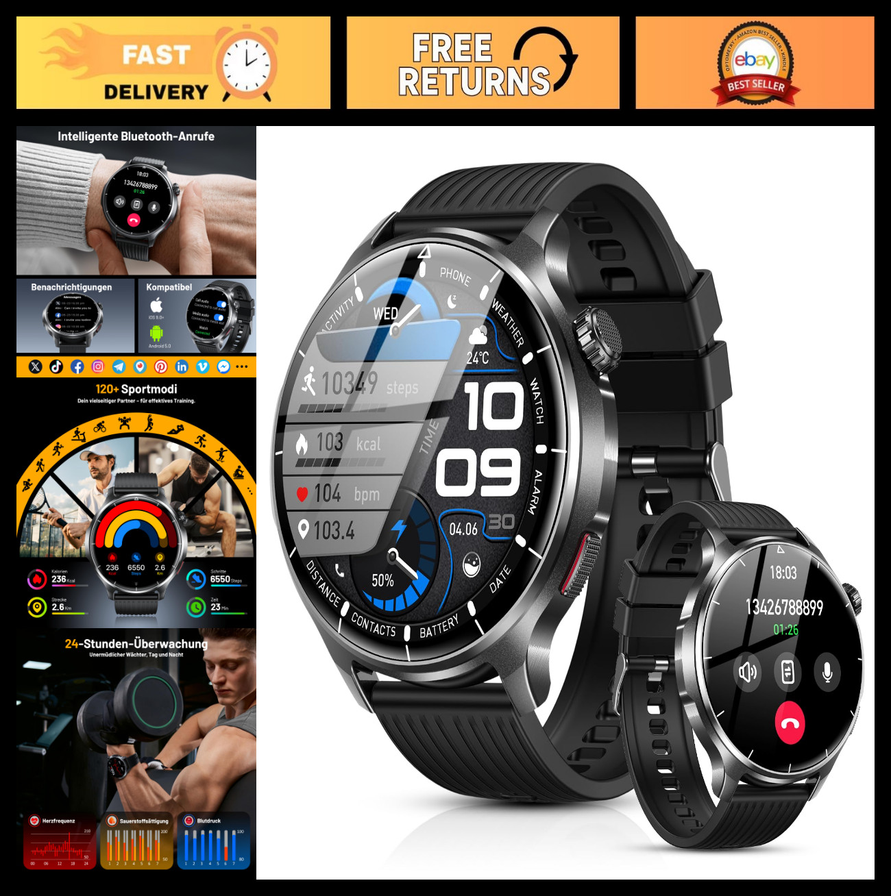 Fitness Smart Watch for Men, 1.52″ HD Tracker, Blood Pressure, Heart Rate, 110 S