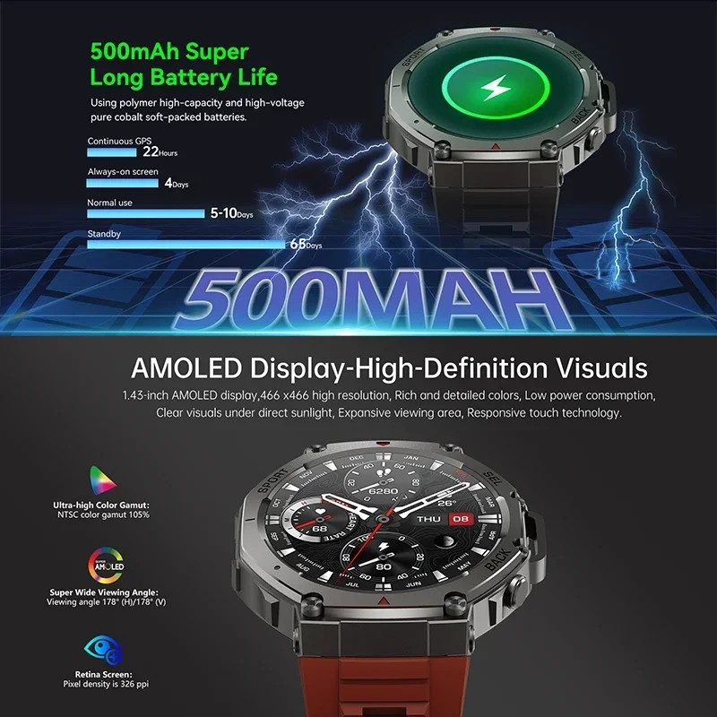Military GPS Smart Watch 1.43″ AMOLED Waterproof Outdoor Fitness Men