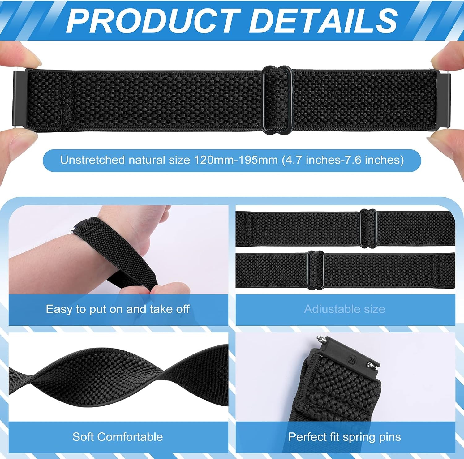 Adjustable Nylon Strap for 16mm 18mm 20mm 22mm Quick Release Braided Bands