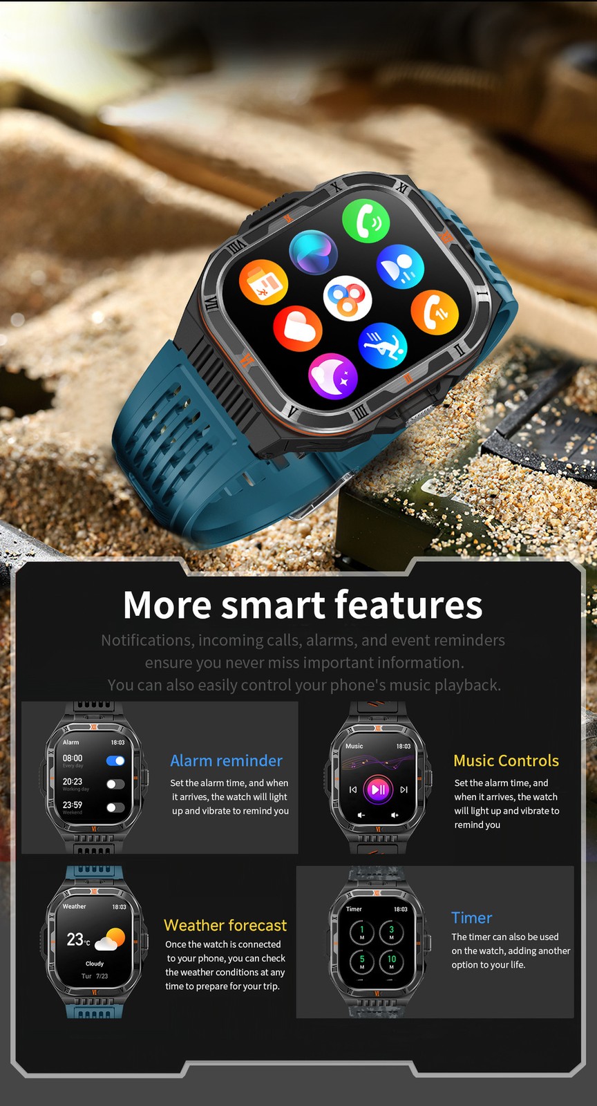 Military Smart Watch For Men Outdoor Compass Flashlight Sport Fitness Smartwatch