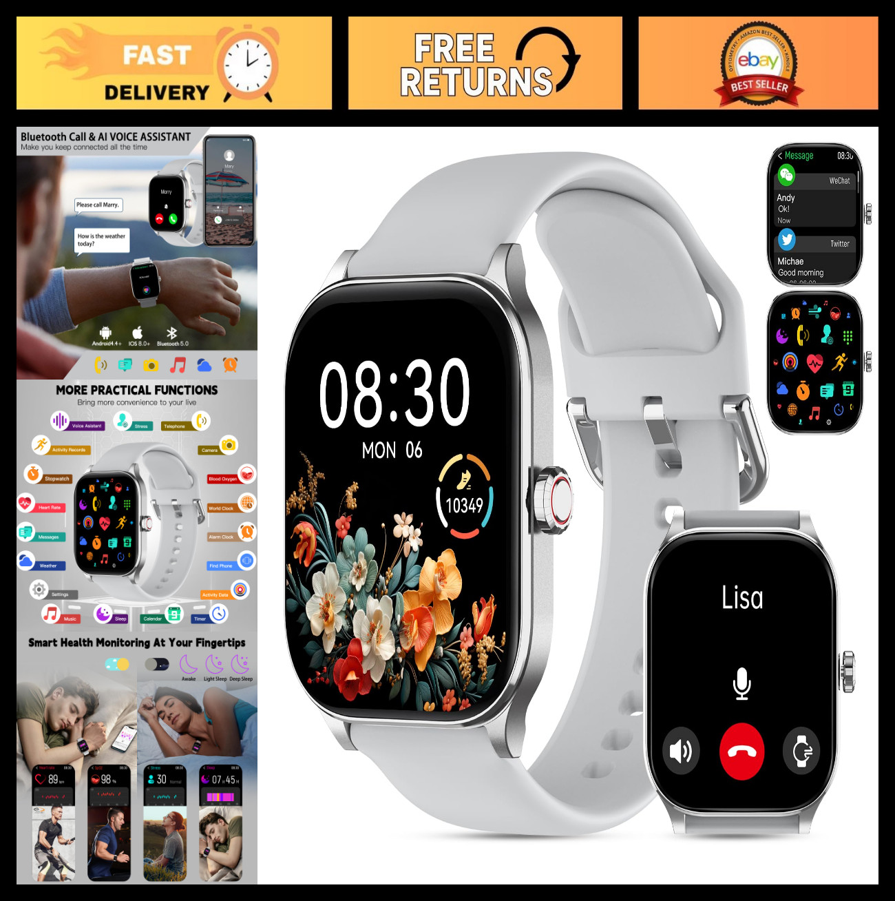 Smart Watch for Men & Women – Call Function, Heart Rate, SpO2, Sleep Monitor, IP