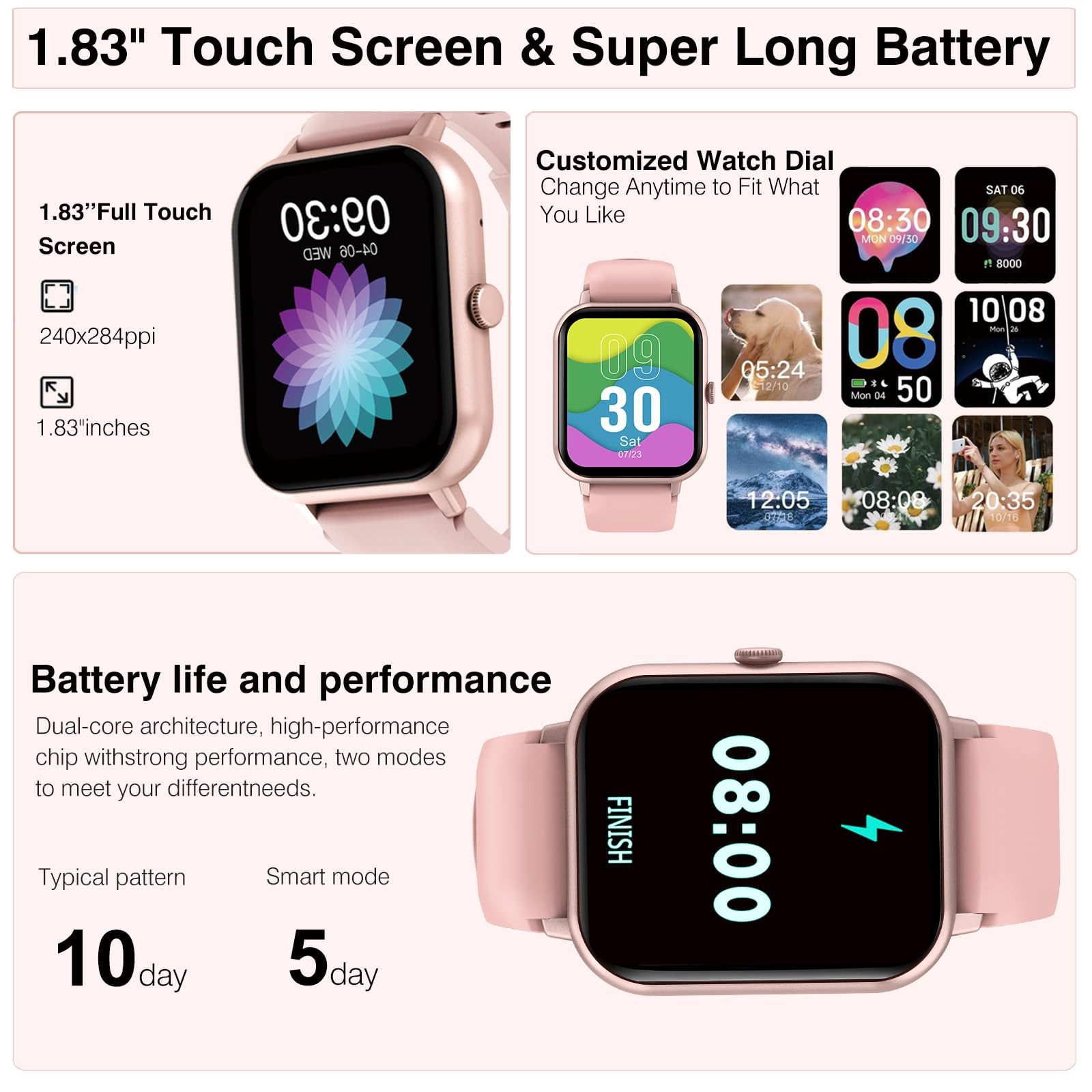 Smart Watch 1.83 Inch Touchscreen IP68 Waterproof Fitness Tracker Pink Call Sync