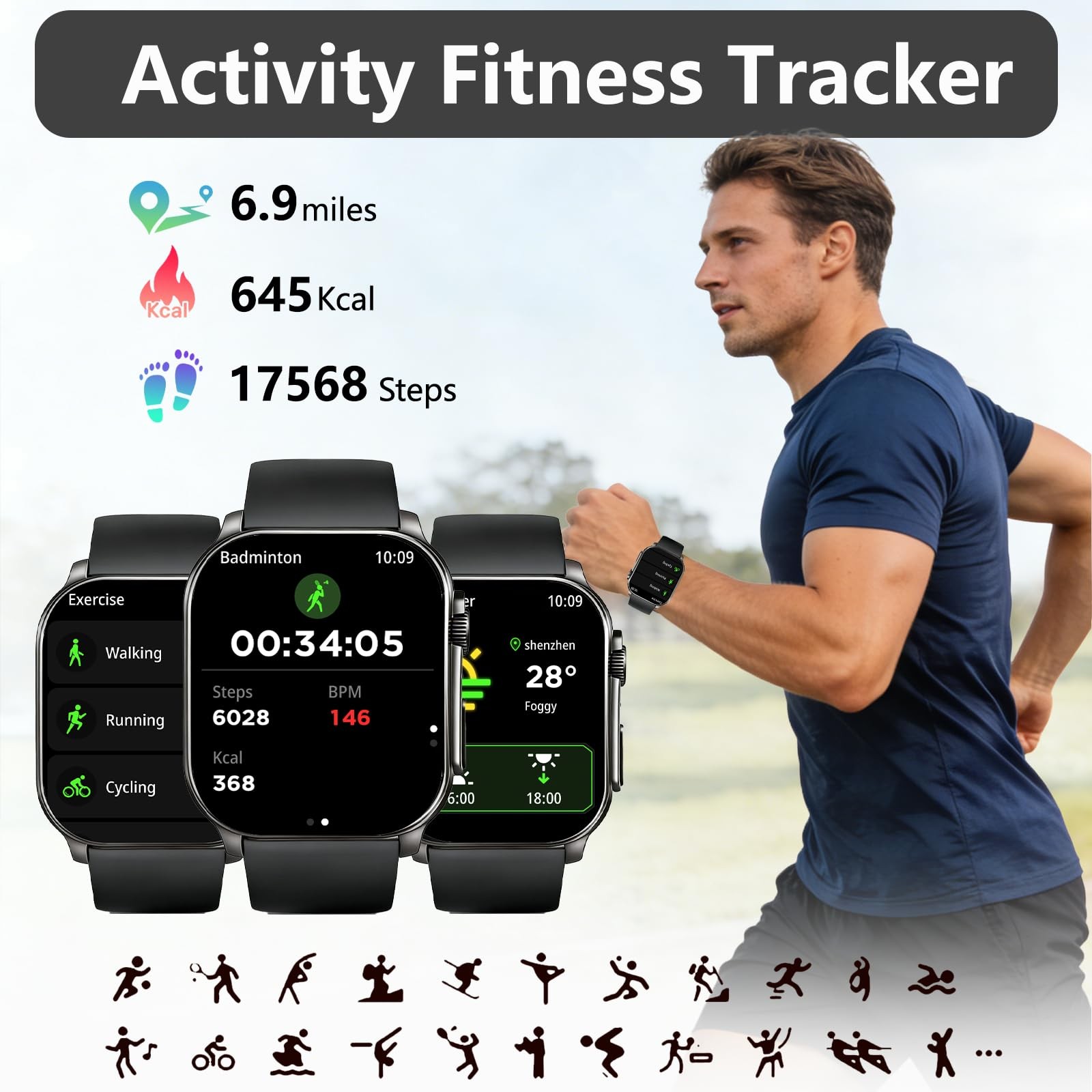 Smart Watch, 2.01″ AMOLED Curved Touchscreen Fitness Watch for Men Women, IP6…