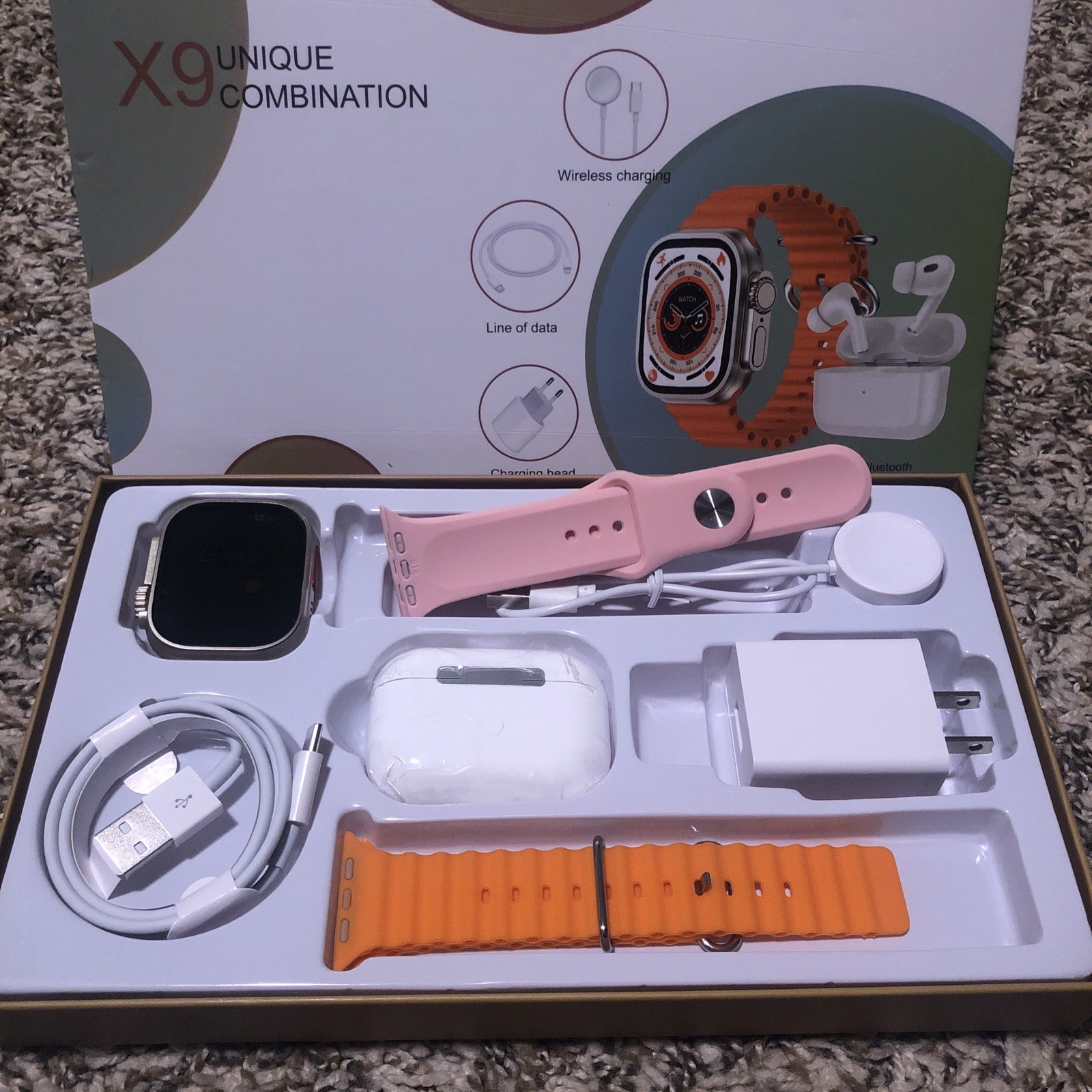 X9 Smartwatch 49mm Silver Metal Case Orange Silicone Band Bluetooth Wireless