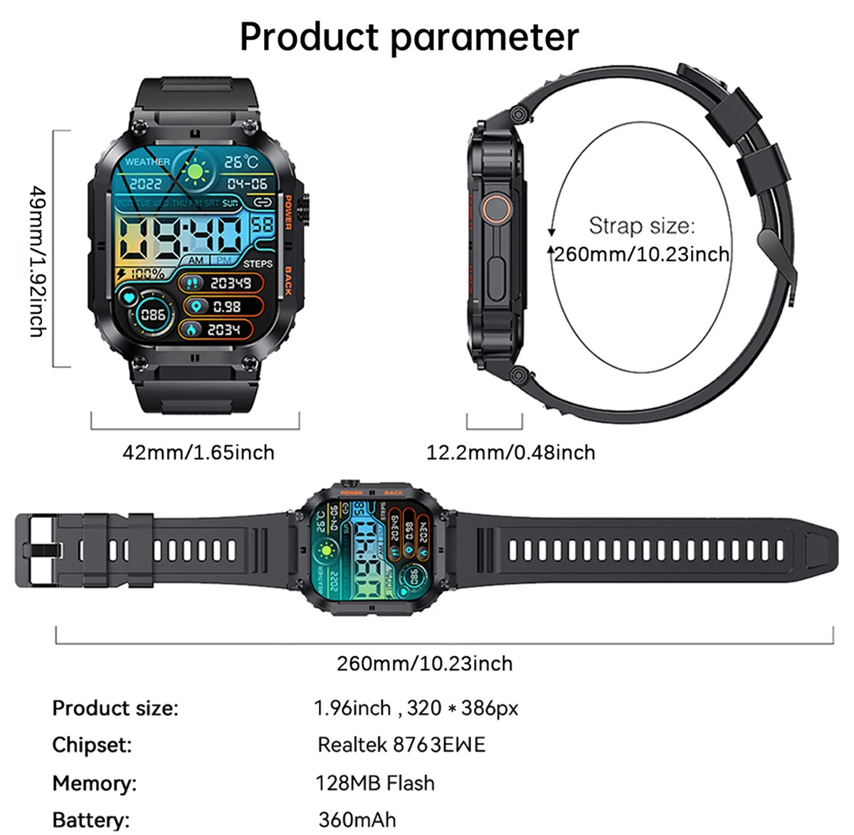 Outdoor Sports Fitness Smartwatch Men 1.96 Inch Screen Bluetooth Call Waterproof