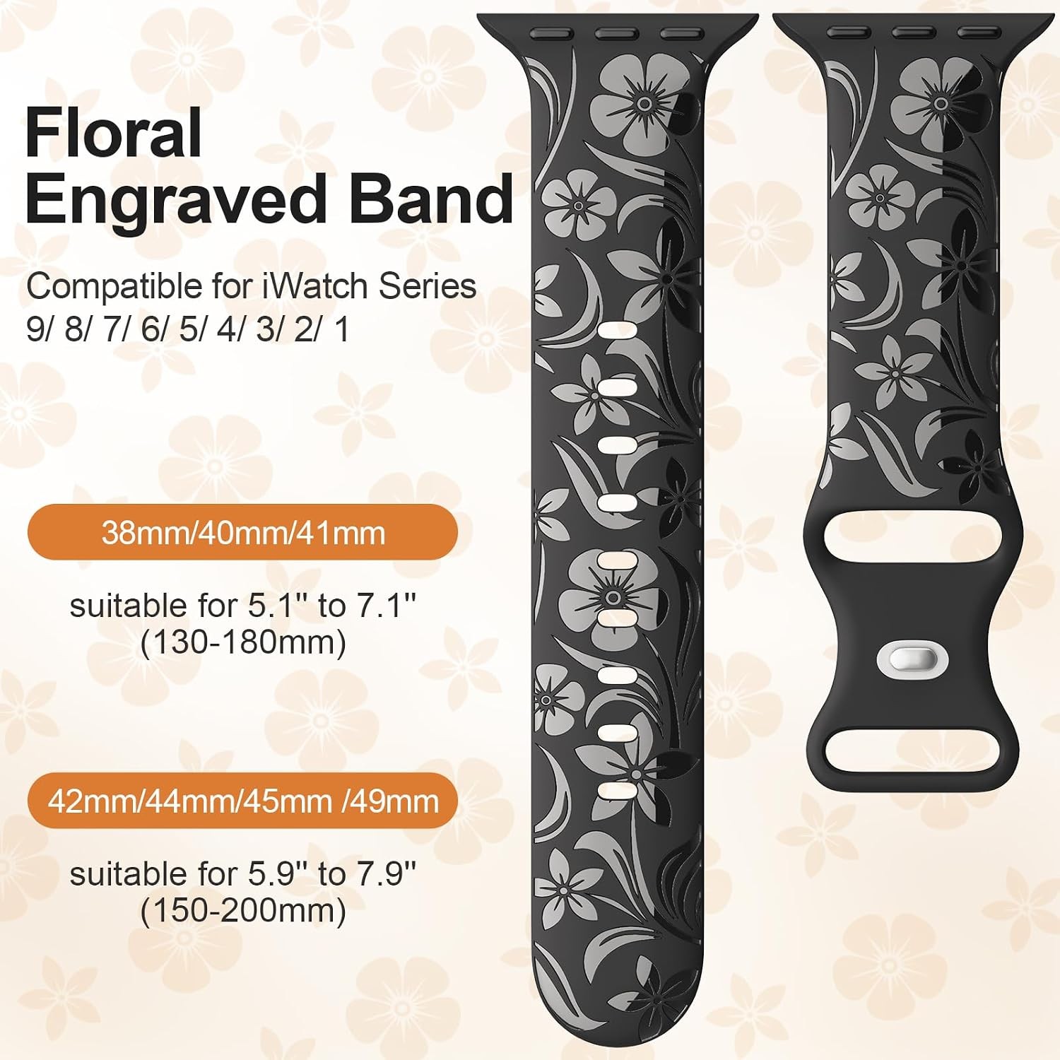 Black Floral Engraved Silicone Band for Apple Watch 38mm 40mm 41mm Series 8 9 10