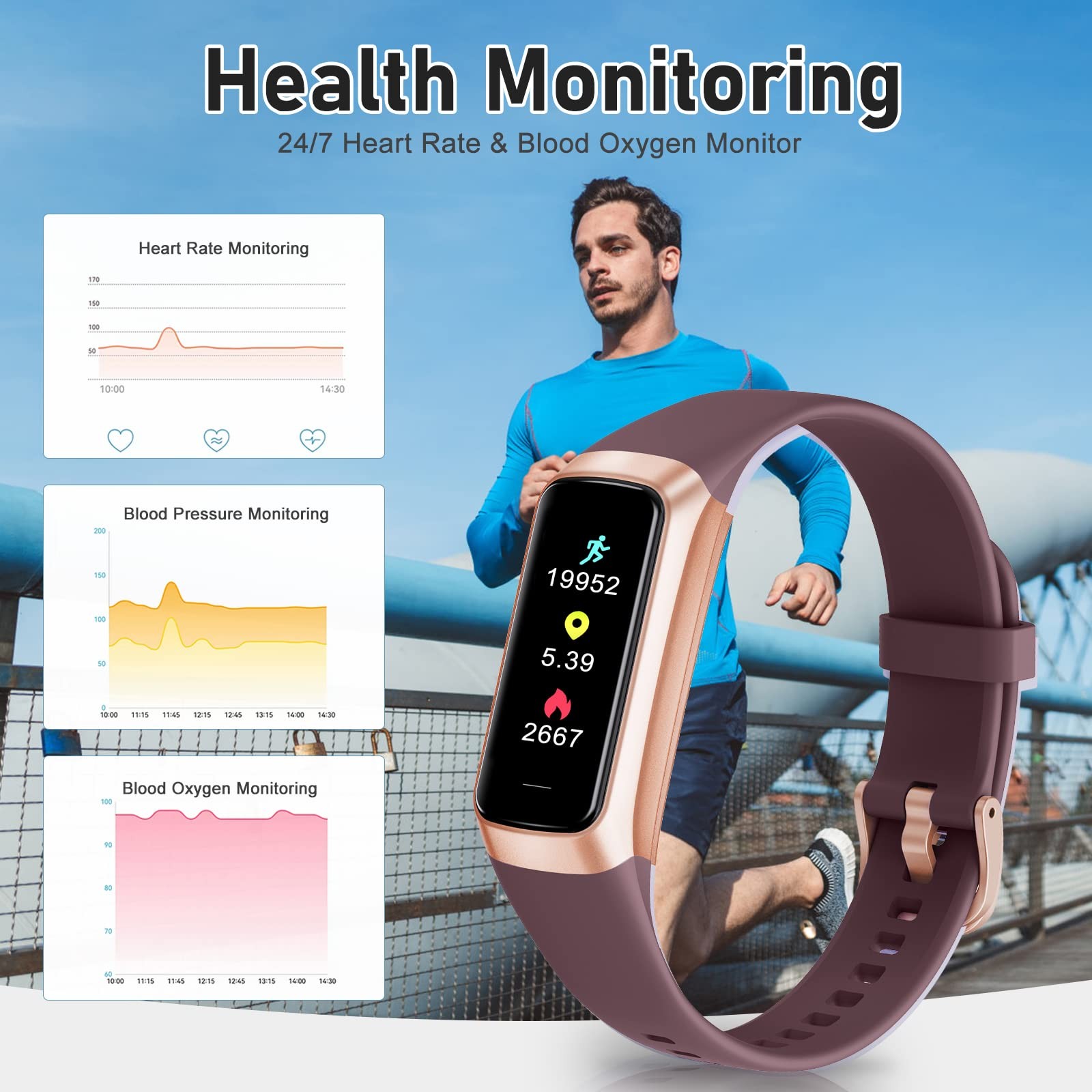 Fitness Tracker 5 ATM Waterproof Smart Watch Heart Rate Blood Oxygen Sleep Mo…