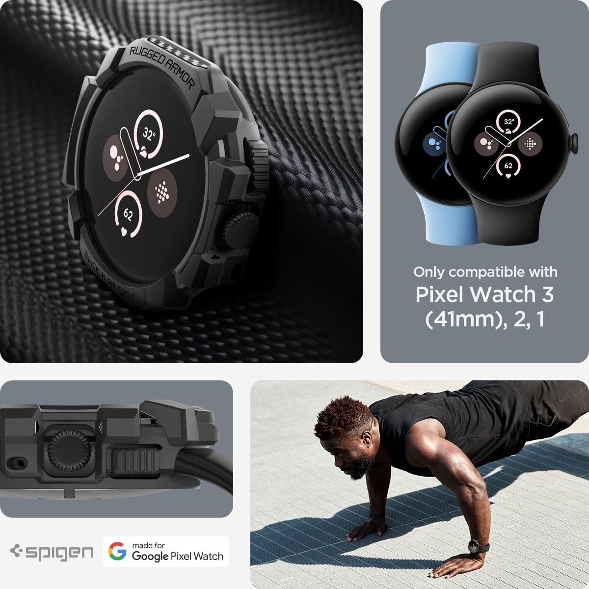 Rugged Armor Case for Google Pixel Watch 41mm Durable TPU Cover – Matte Black