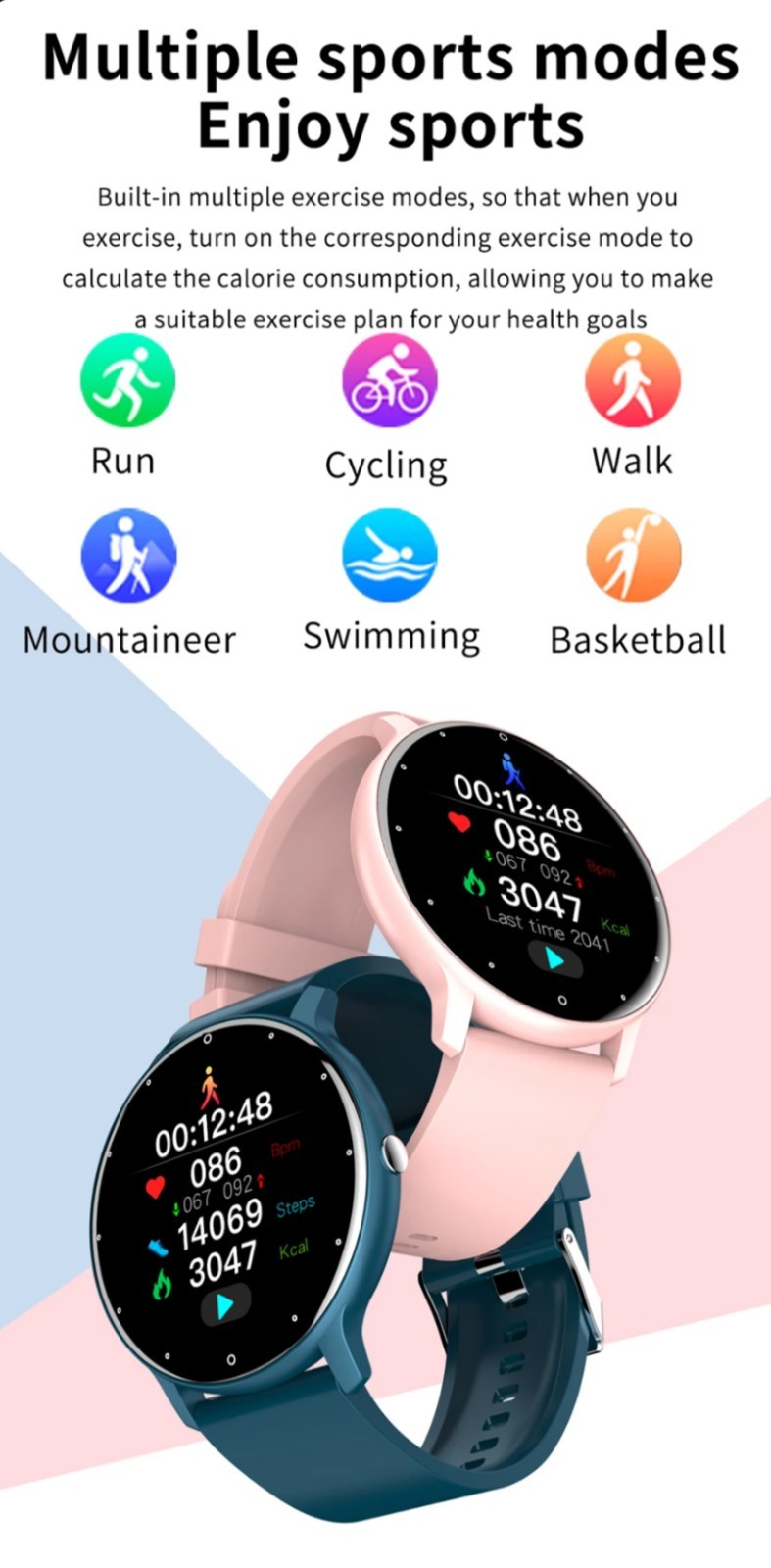 LIGE Men’s Smart Watch IP67 46mm Fitness Health Monitor Blue Silicone Band New!