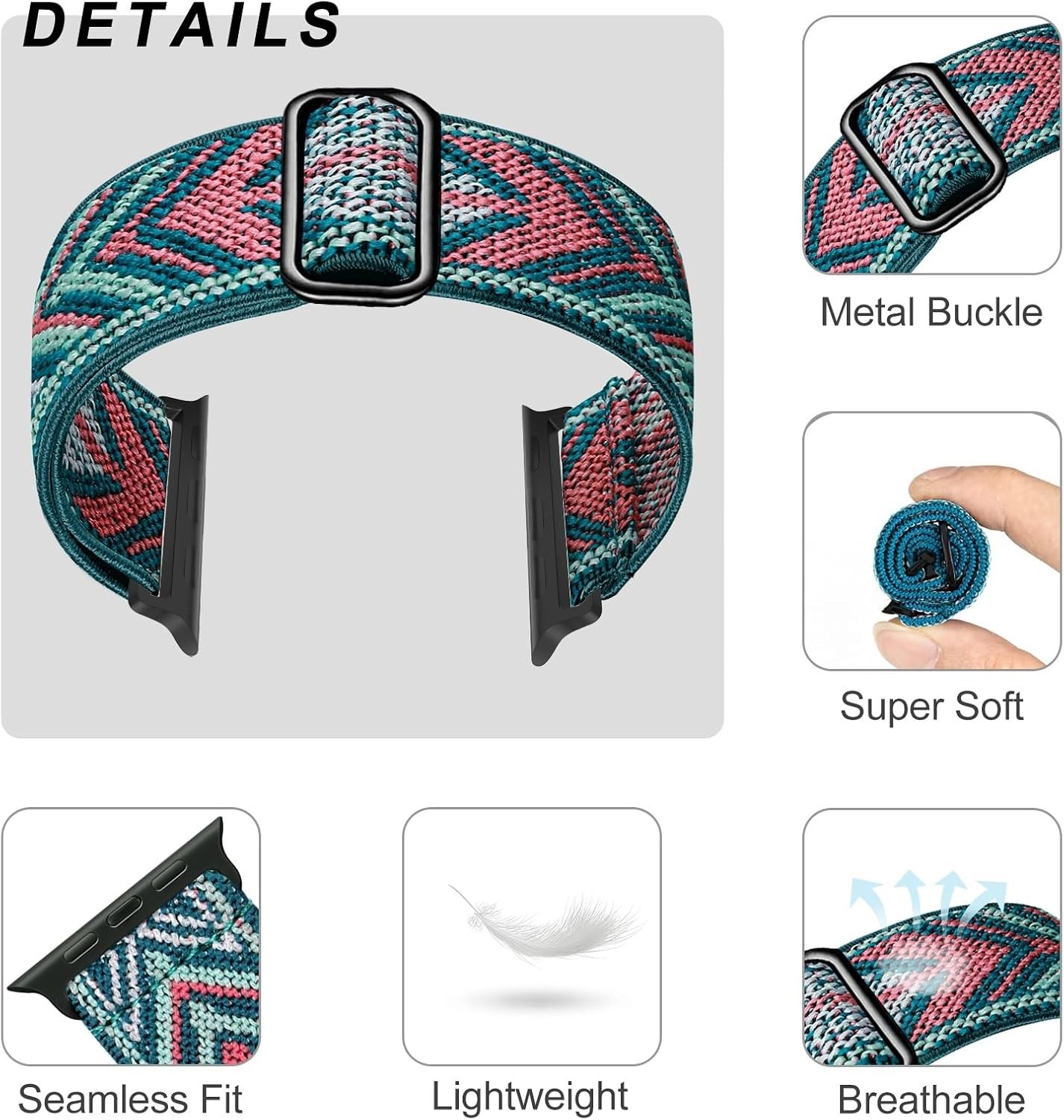 Stretchy Solo Loop Strap Compatible with Apple Watch 38mm 40mm 41mm Boho Band
