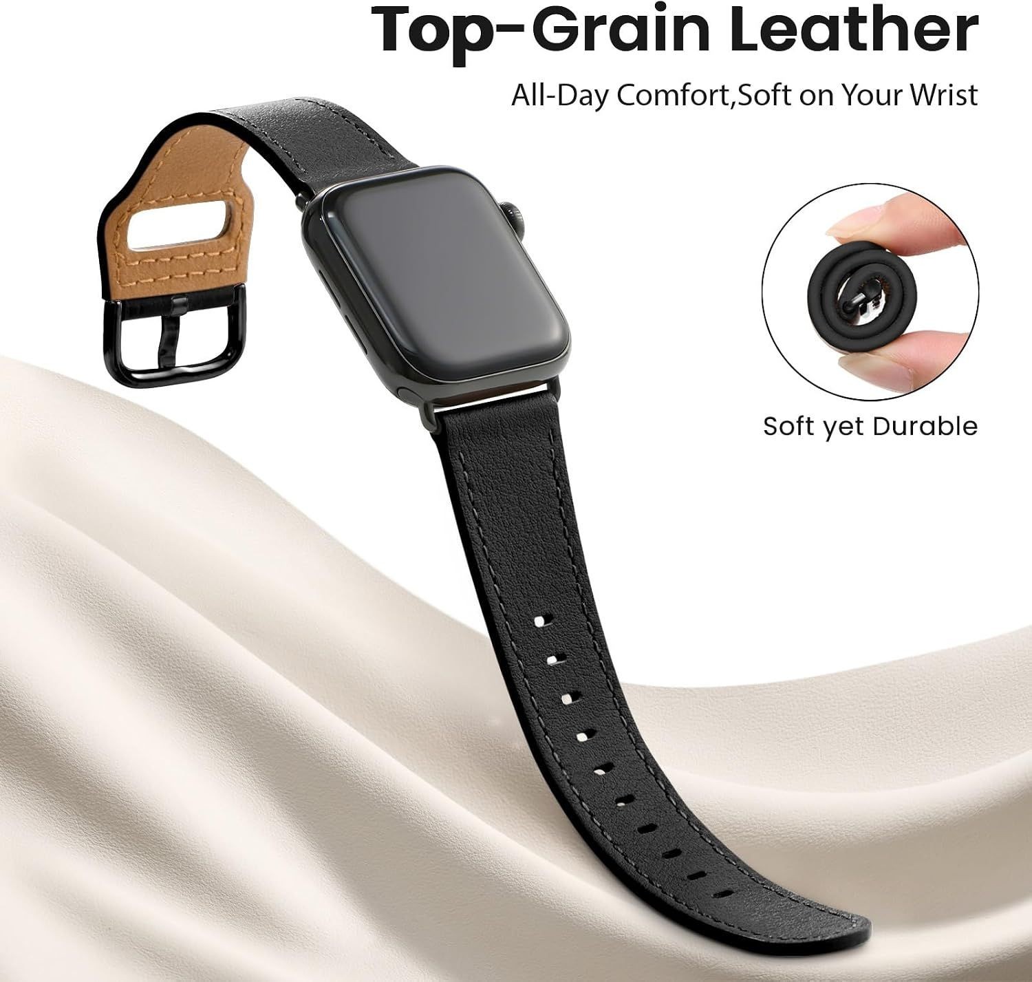 Dressy Genuine Leather Band for Apple Watch Series 11 38mm 40mm 41mm – Black