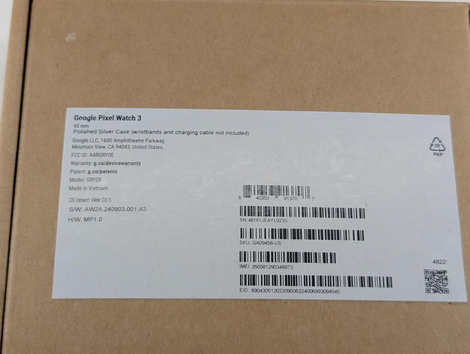 Google Pixel Watch 3 – 45mm – Polished Silver Case – Excellent Condition