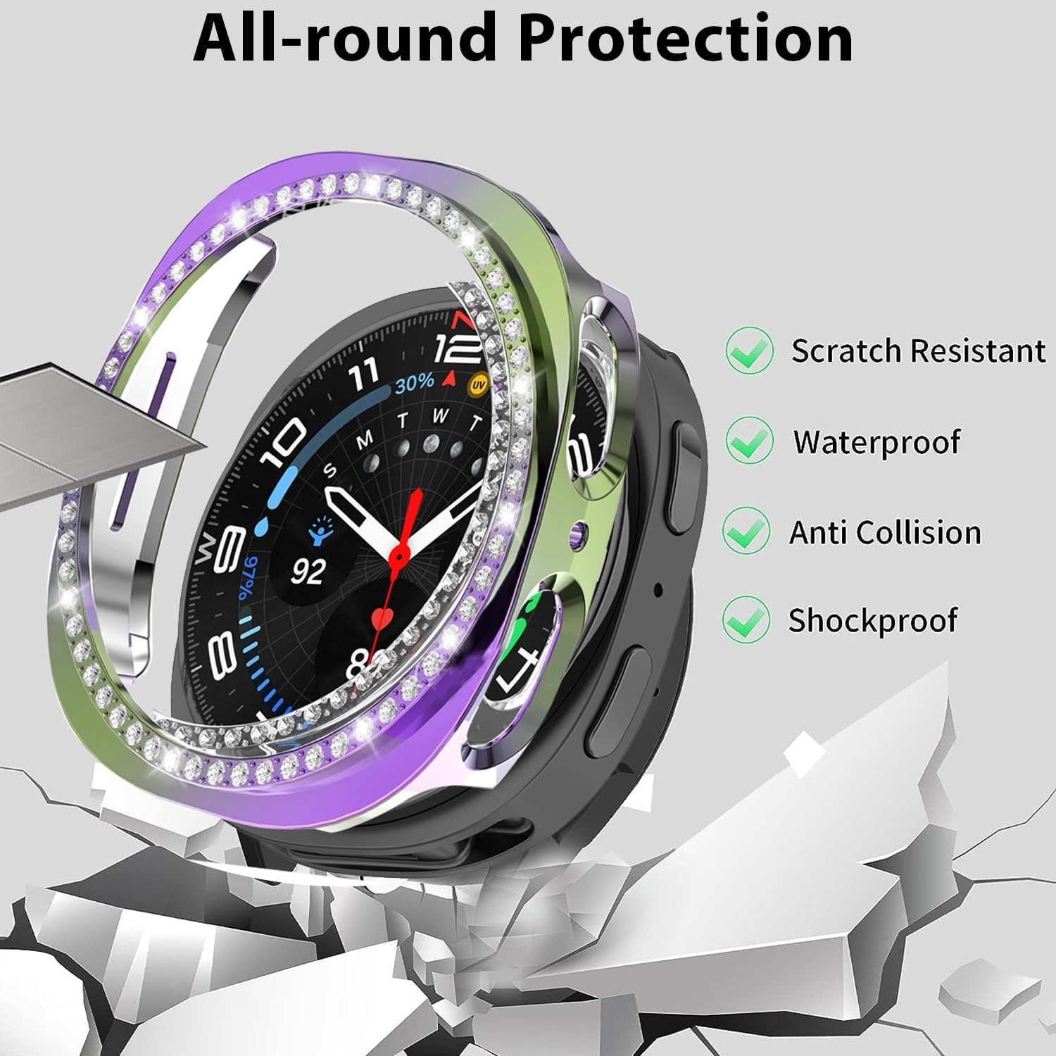 Bling Frame Protective Case for Galaxy Watch 8 40mm, 2 Packs, Rose Gold/Colorful