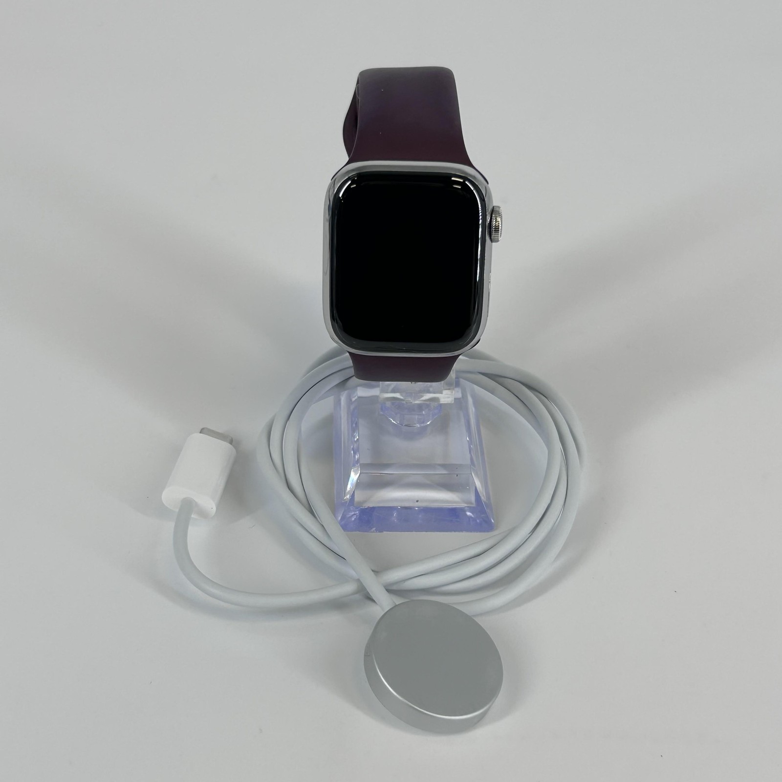 Apple Watch (Series 9) 41mm Silver Stainless Steel (LTE) w/ Purple Sport – Good