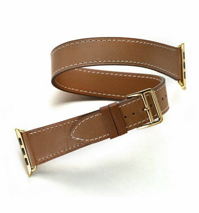 24K Gold 42MM Apple Watch Gen 1 With Double Tour Brown Leather Band