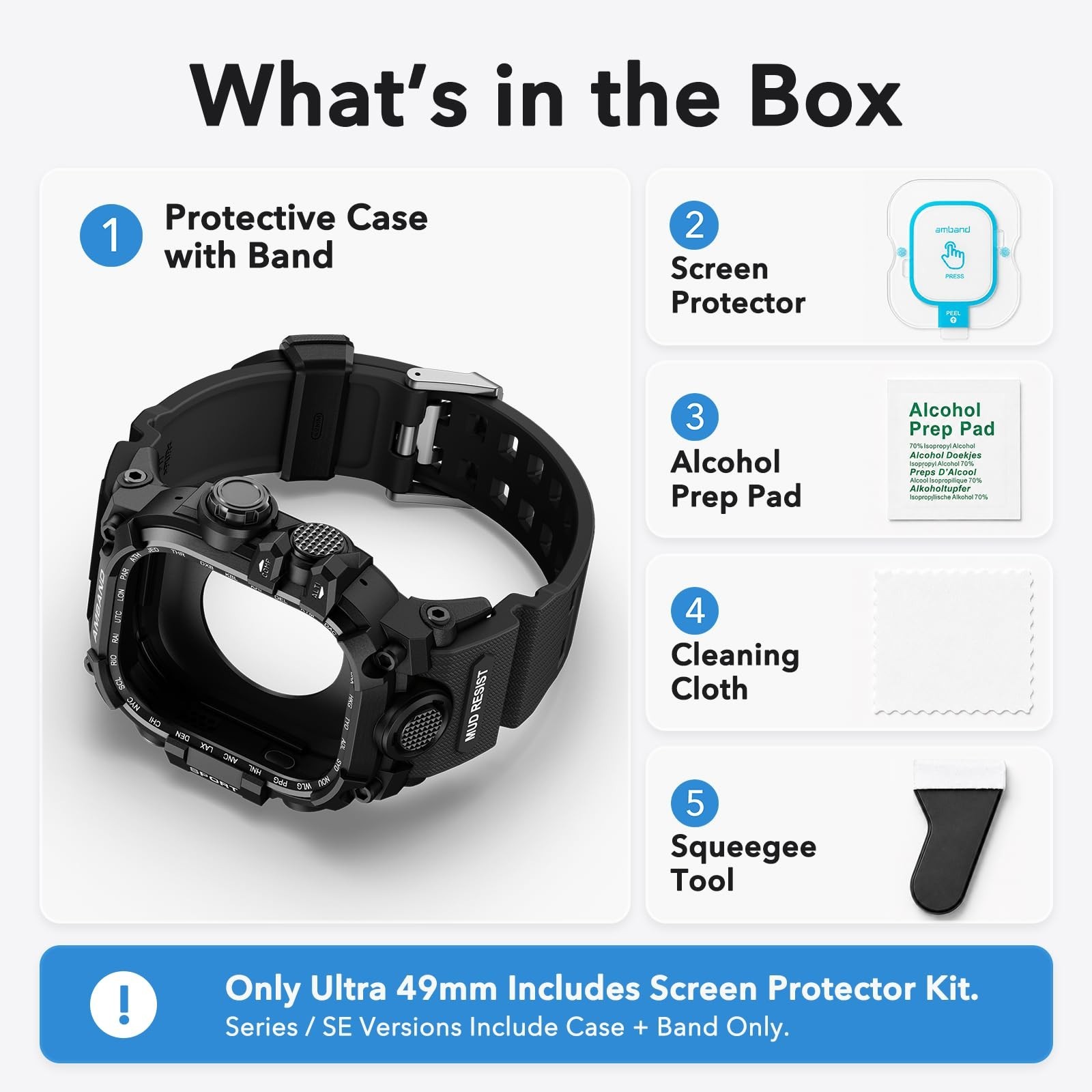 Rugged Protective Case & Band for Apple Watch Ultra 49mm, 9H Tempered Glass, Bla