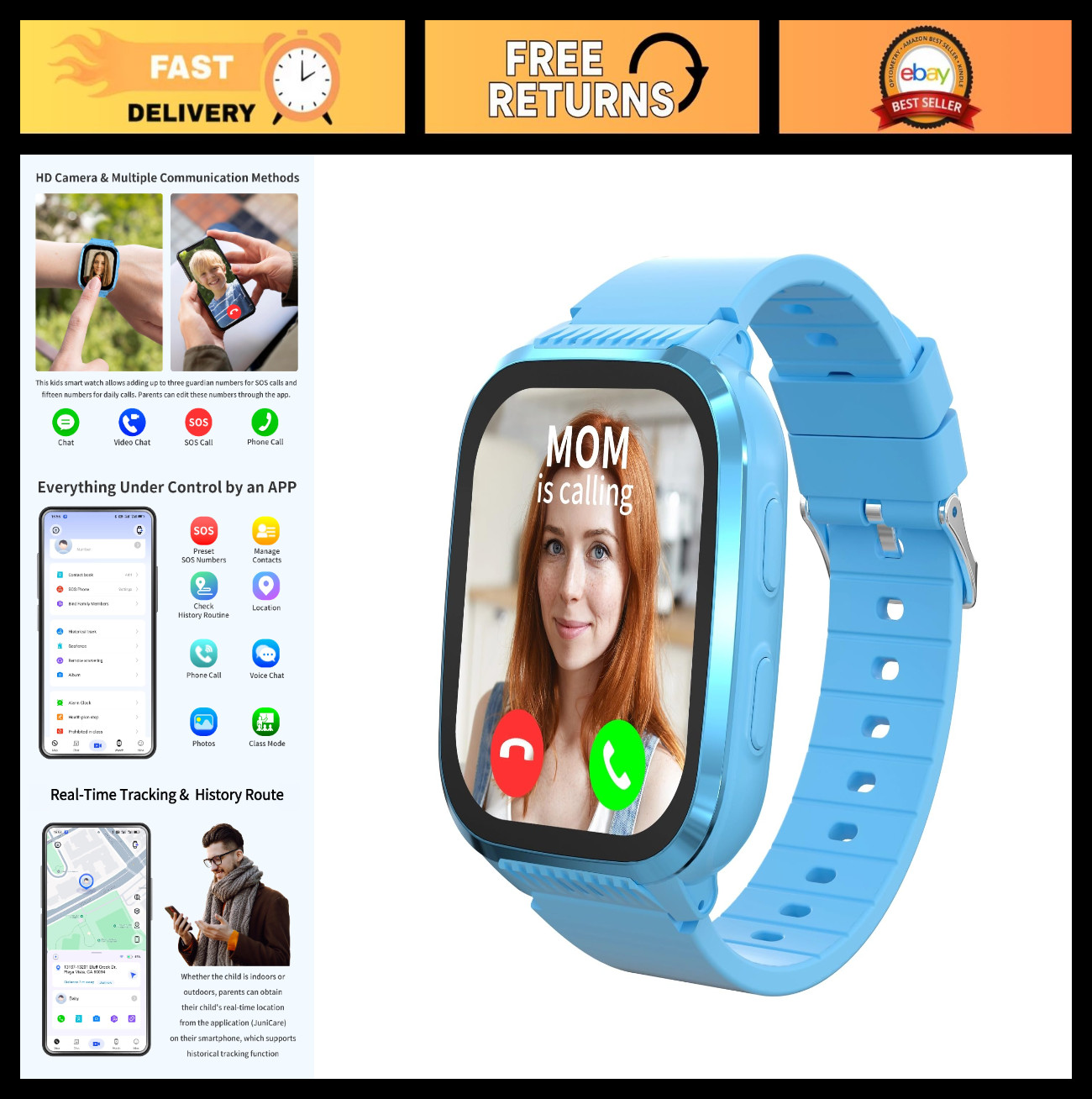 4G Kids Smart Watch with GPS Tracker, SOS Call, Parental Controls, HD Video, Lig
