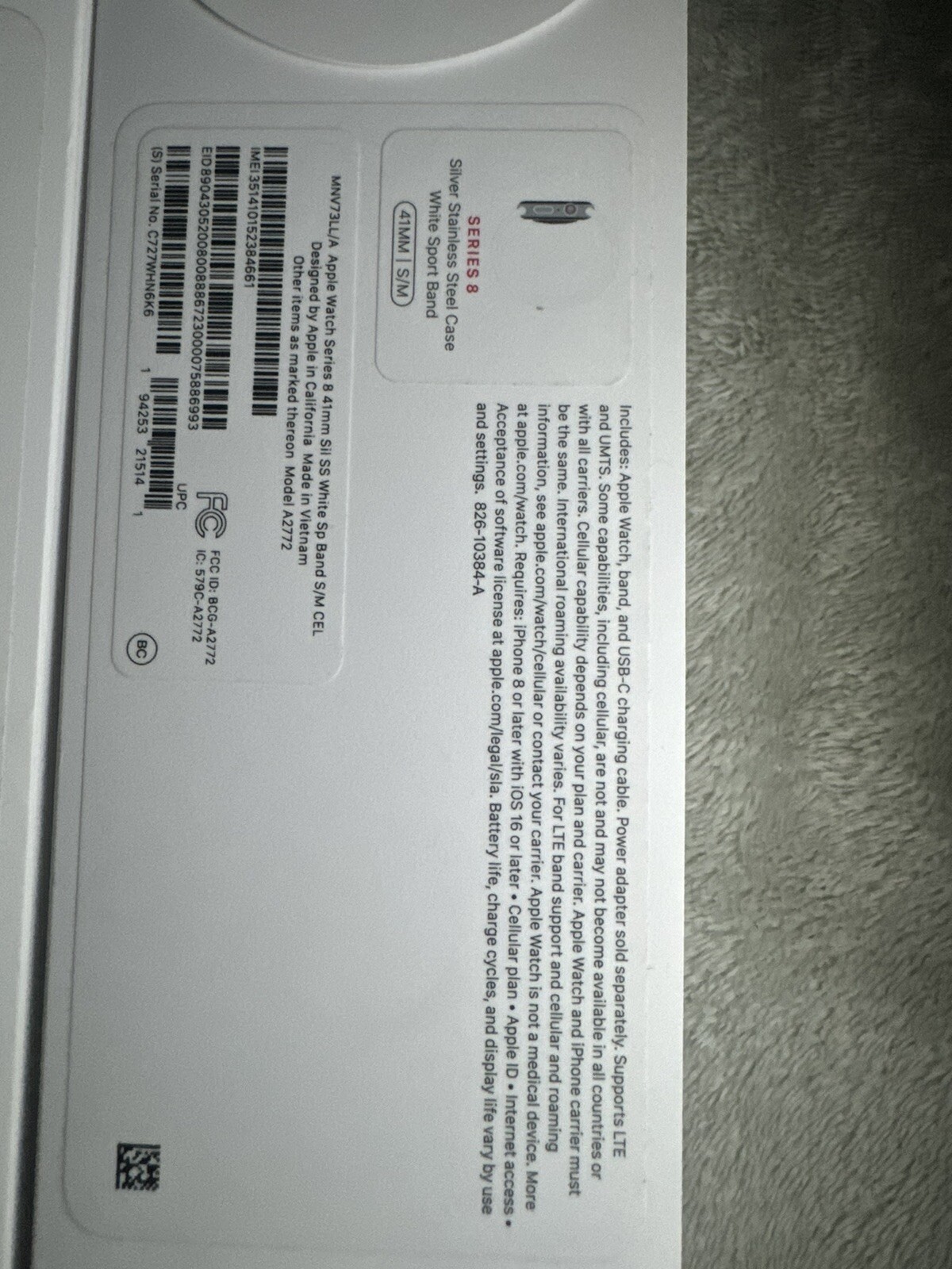 Apple Watch Series 8 41mm Silver Stainless Steel Case with White Sport Band,S/M