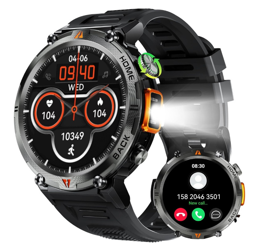 Military smart watch w/LED flashlight 1.45″ HD touch screen Fitness Tracker New