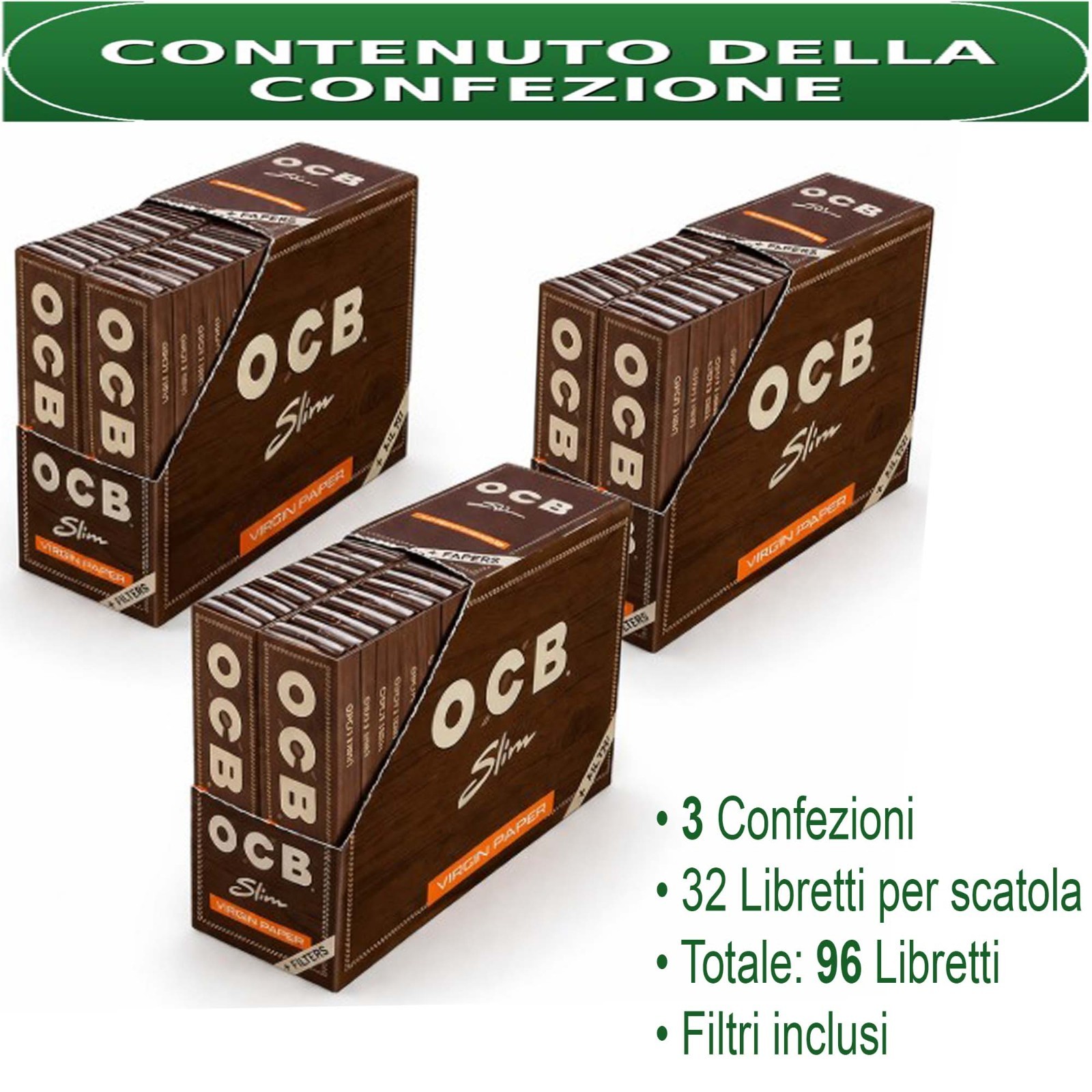 OCB Brown Virgin King Size Slim Cartine + Filtri 64 Libretti Originali (3 Pack)