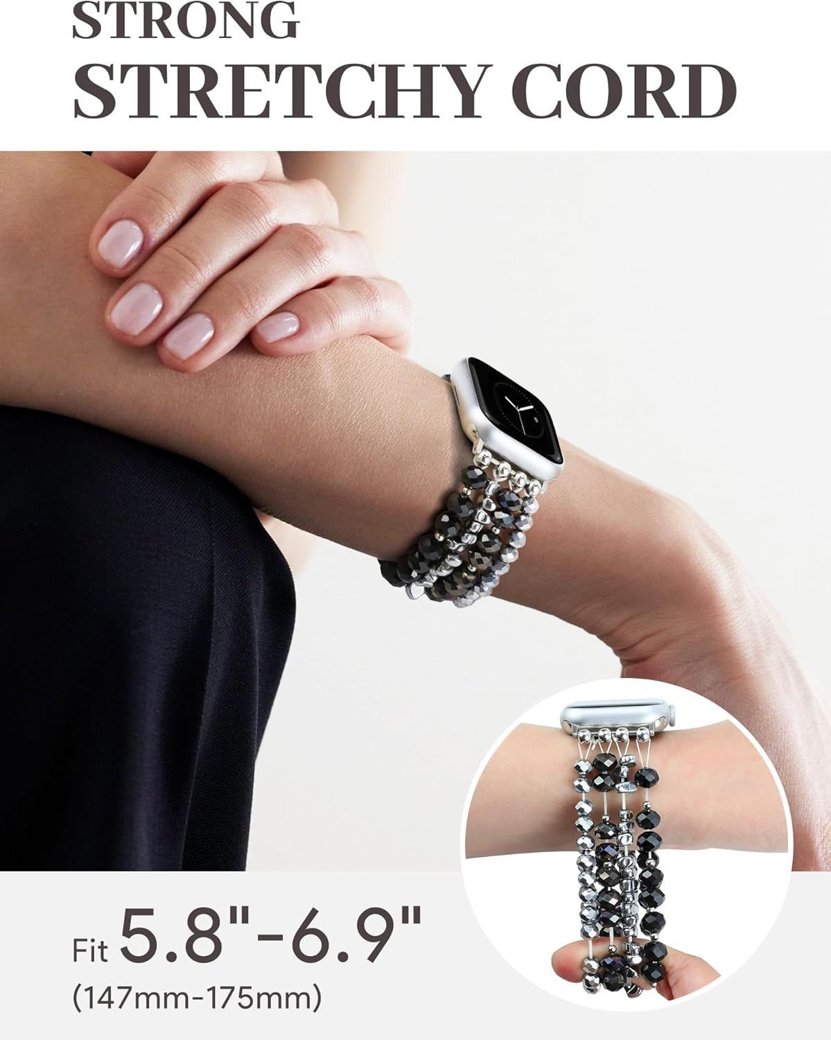 Handmade Beaded Bracelet Band for Apple Watch 38mm 40mm 41mm in Black Silver