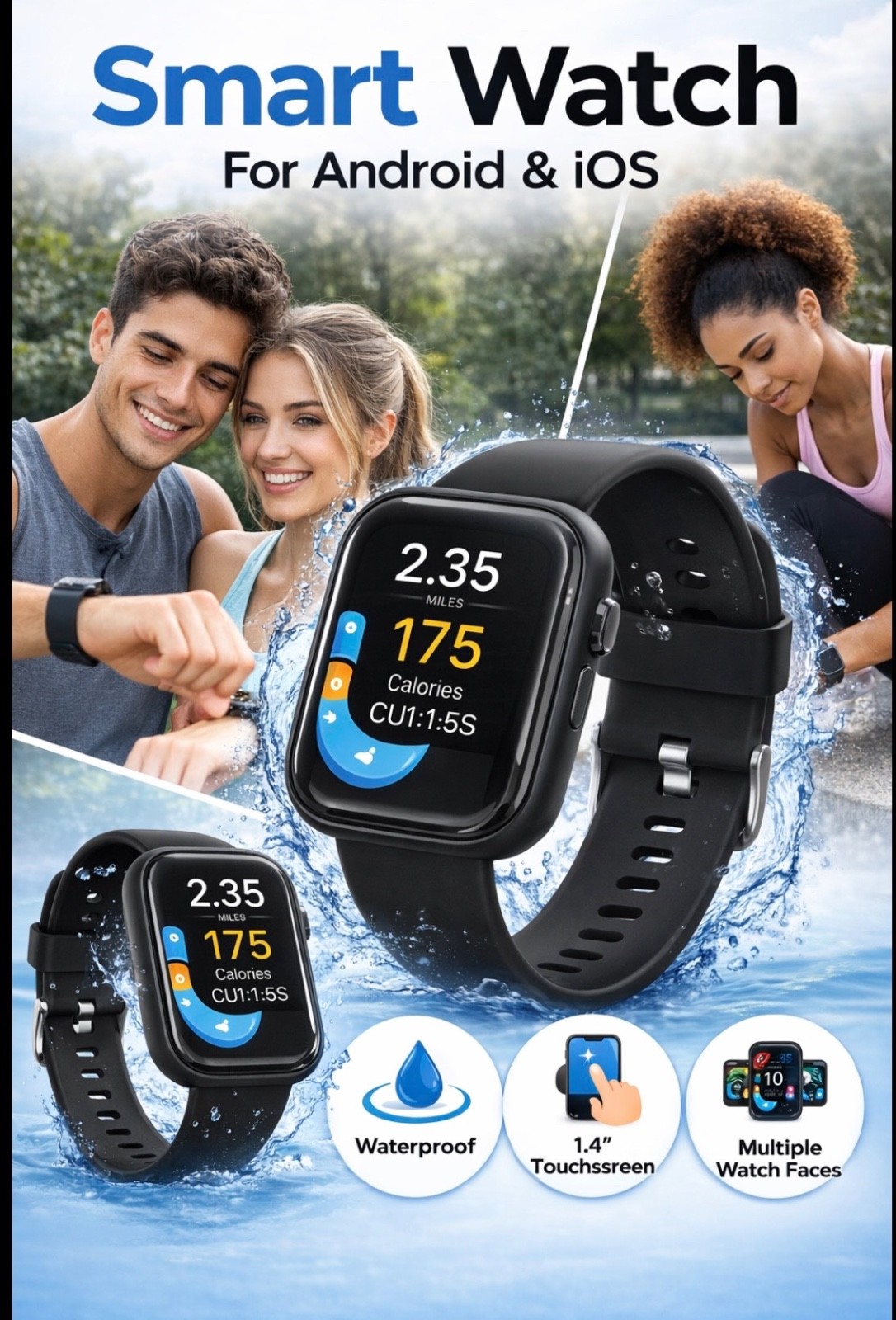 Smart Watch for Android & iOS – 1.4″ Touchscreen, Waterproof, Multiple Watch Fac