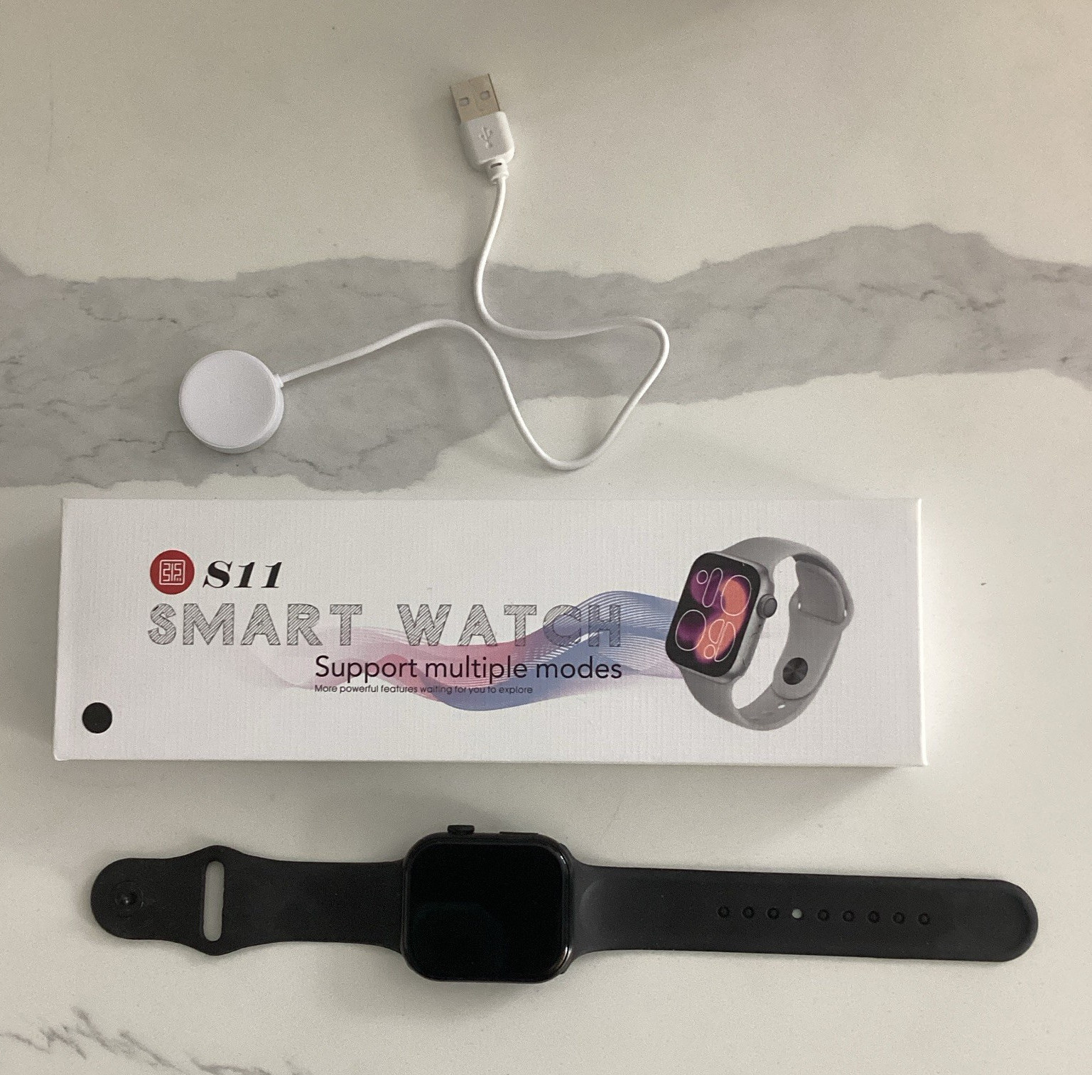 S11 44mm Smart Watch Black Silicone Band Touchscreen Bluetooth +Magnetic USB